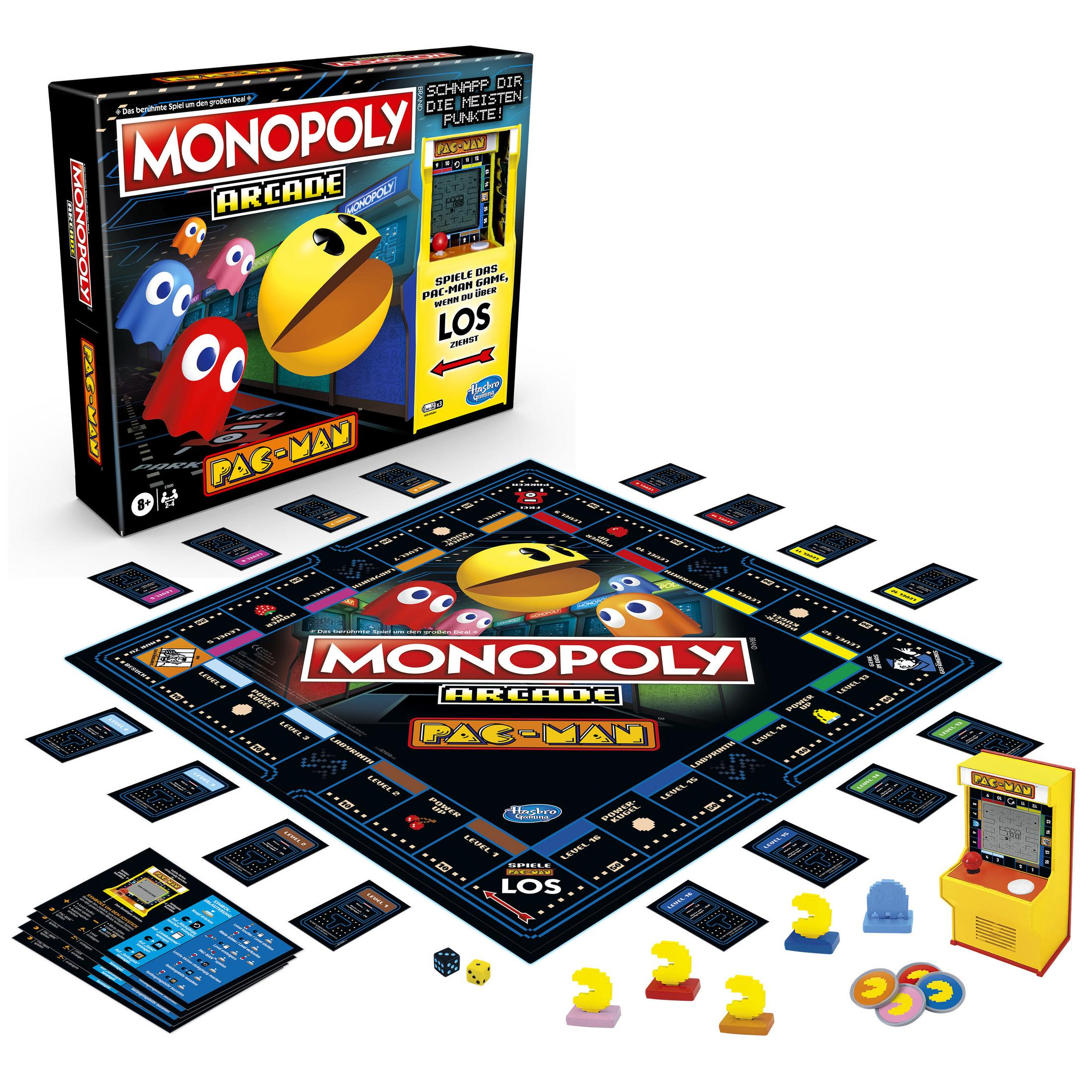 Monopoly Arcade Pac-Man Brettspiel mit Pac-Man-Figuren und Spielbrett.