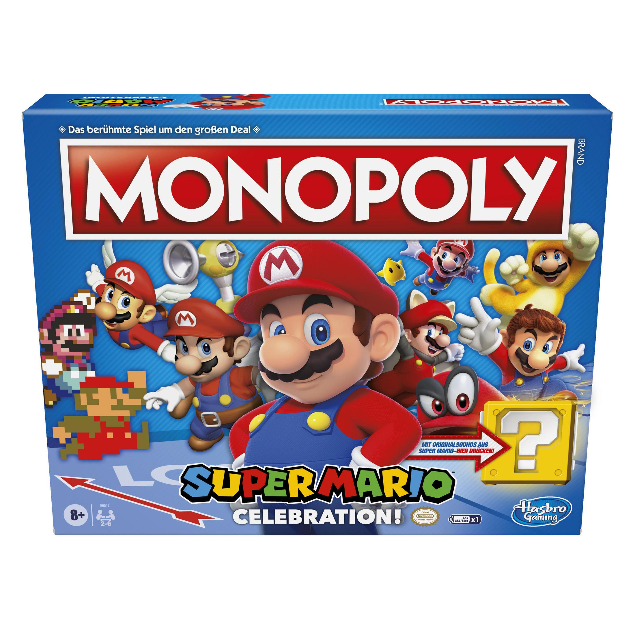 Monopoly Super Mario Celebration Brettspielbox, mit Figuren und Logo.