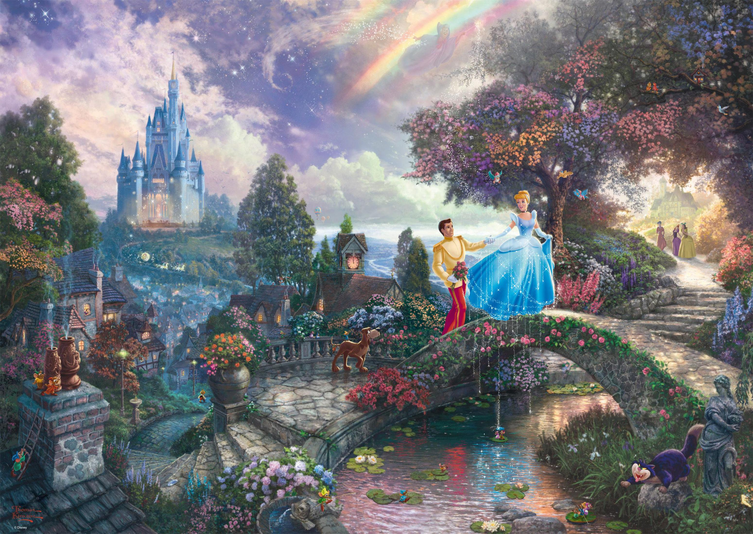 Eine Märchenillustration von Aschenputtel und Prinz Charming, mit einem Schloss und einem Regenbogen im Hintergrund.