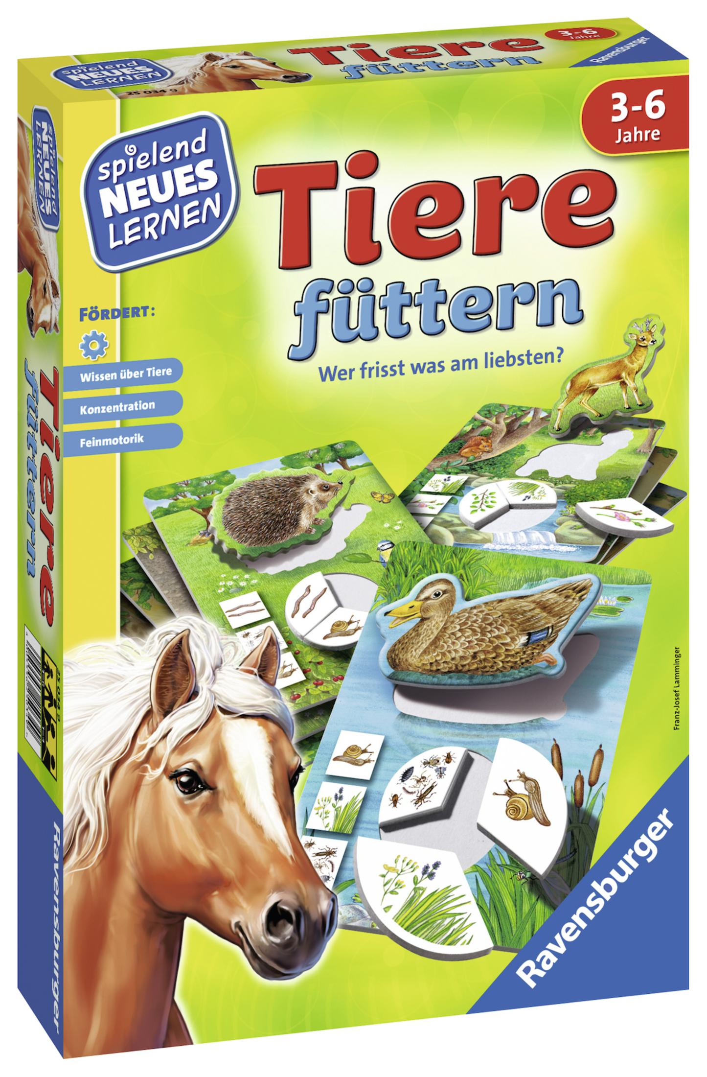 Eine Brettspielbox mit dem Titel 'Tiere füttern'. Ein Pferd links, mit Tierkarten und einer Ente rechts.