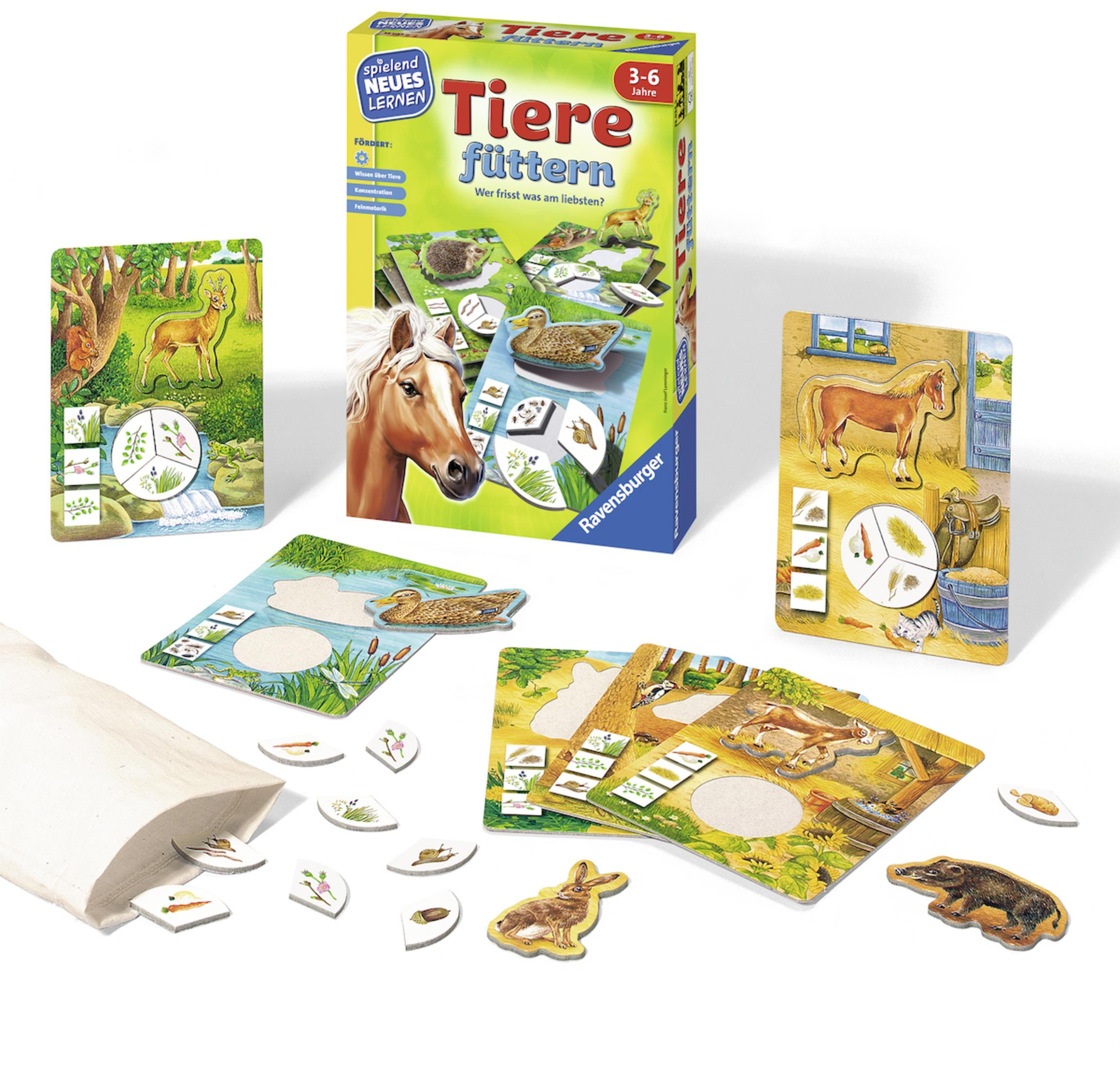 Spielbox: Tiere füttern. Box zeigt Pferd und Ente. Karten mit Tieren und Futter. Spielsteine.