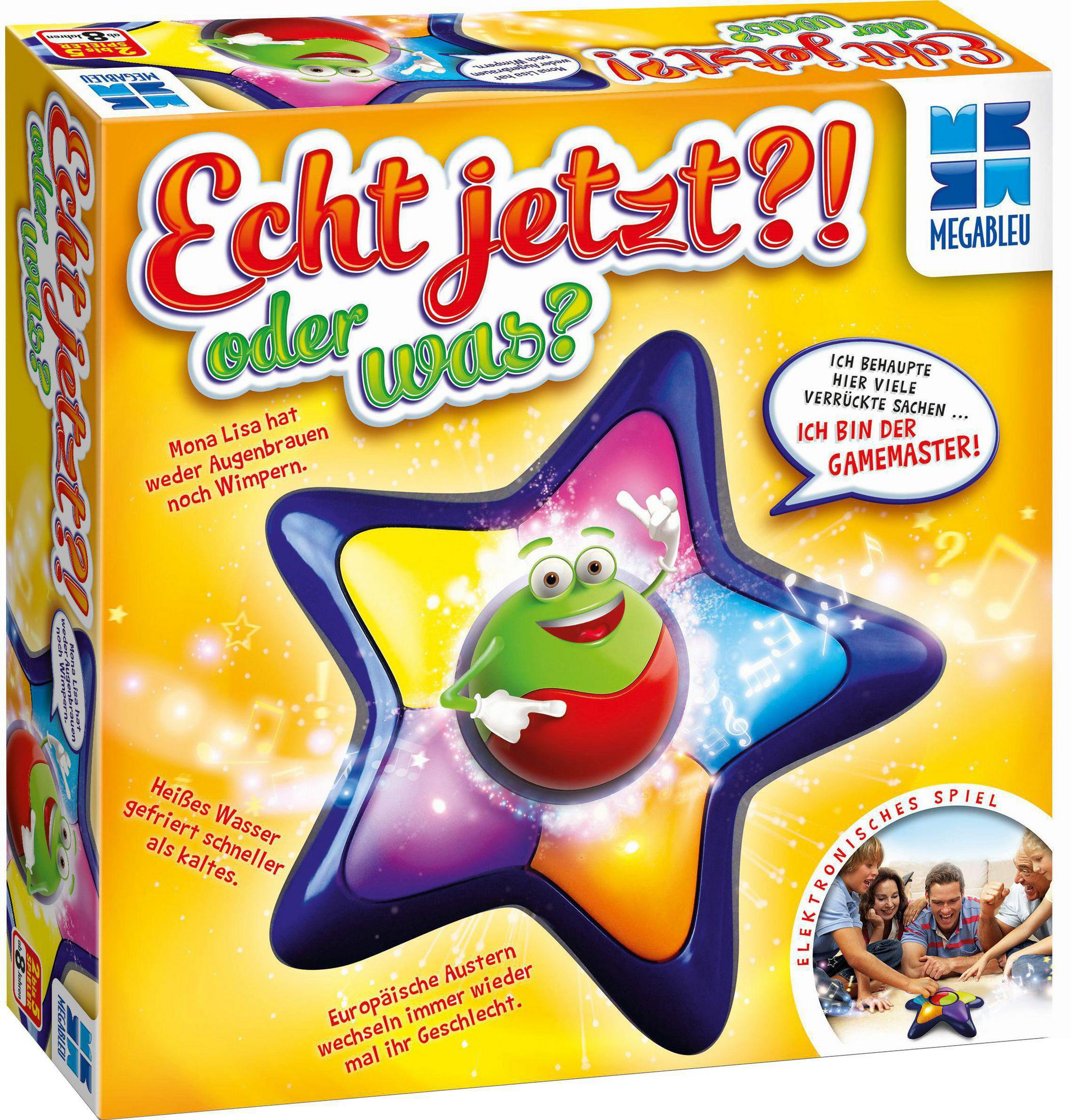 Brettspielbox mit Sternform, Text 'Echt jetzt?!' und Frosch.