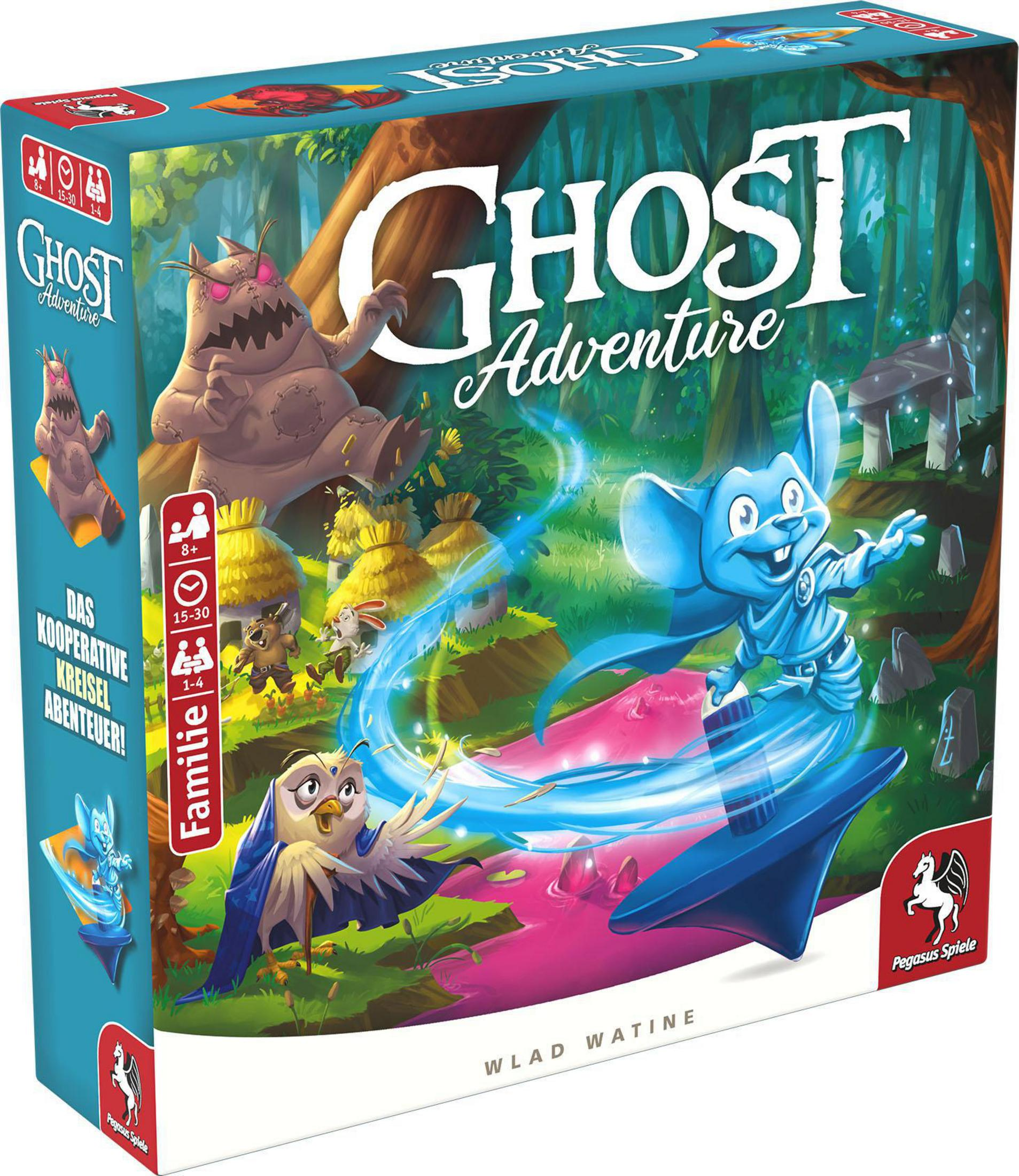 Spielbox mit Zeichentrickfiguren und Waldszene. Titel 'Ghost Adventure'.