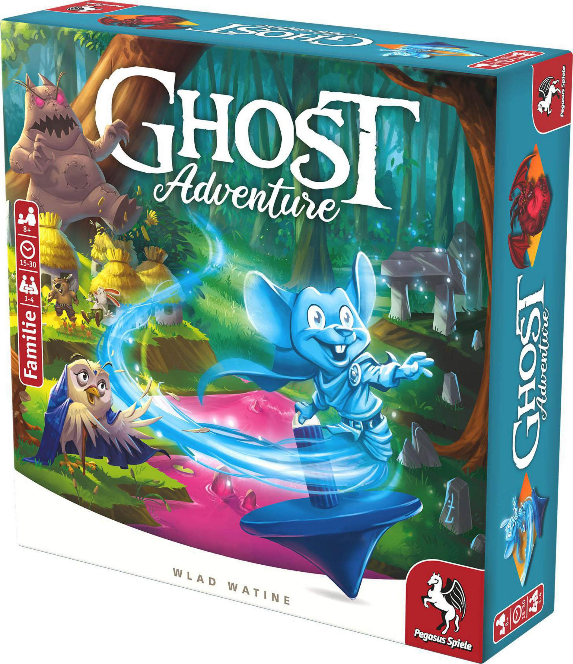 Spielbox mit einer Cartoon-Geisterfigur. Die Box zeigt eine Waldszene.