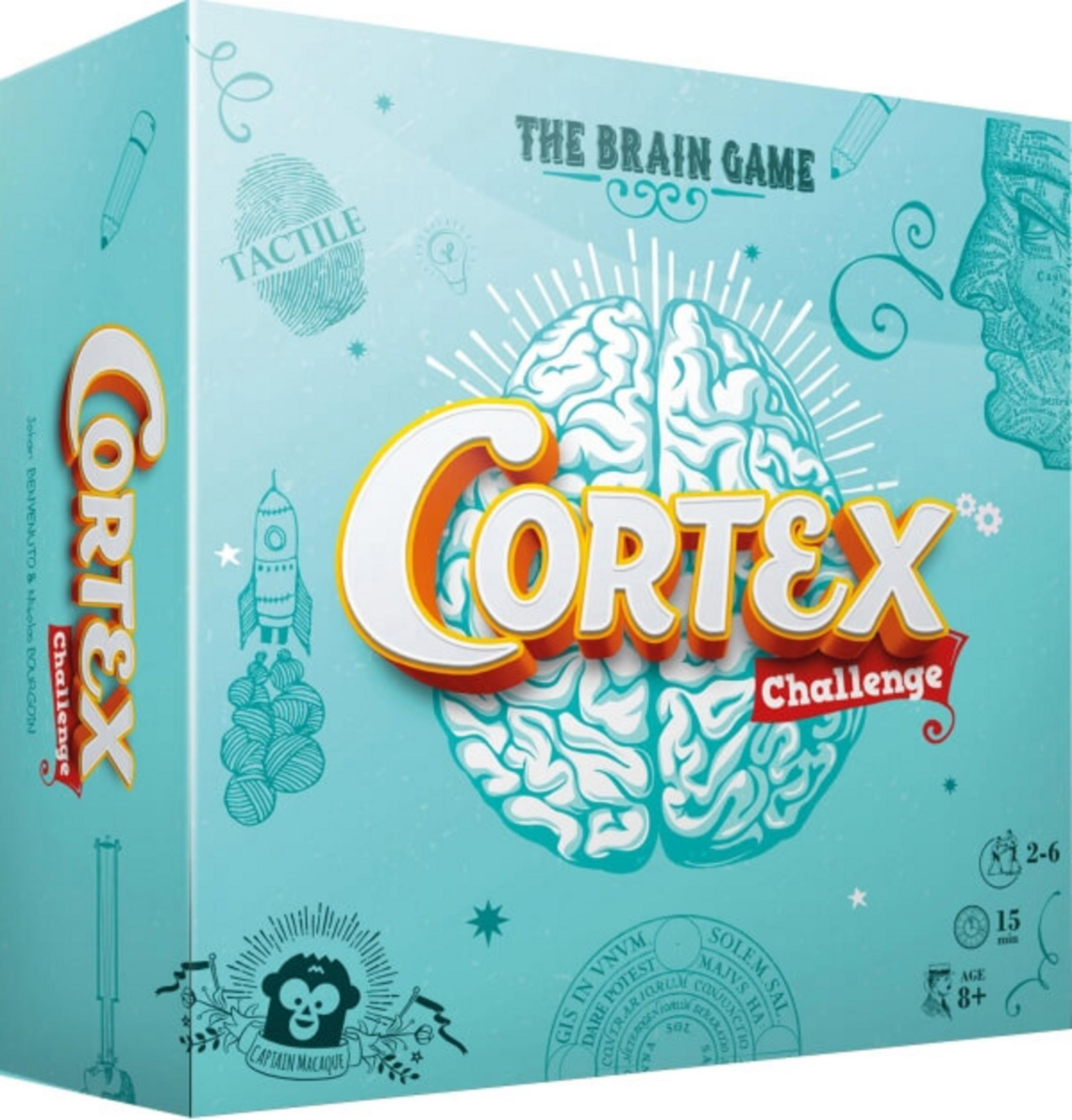 Caja de un juego de mesa llamado Cortex Challenge, con cerebro y elementos de juego.