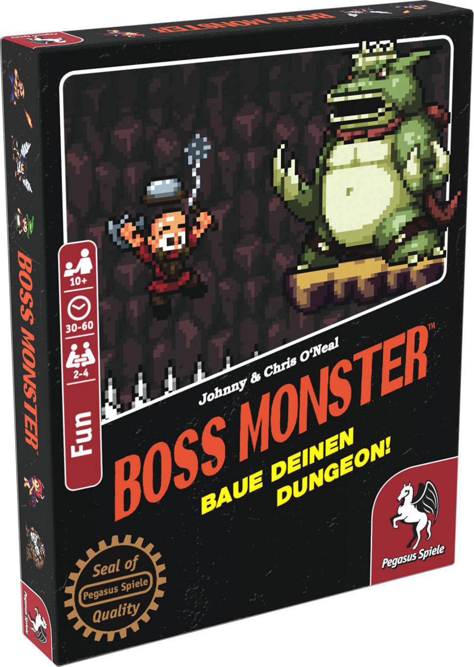 Boss Monster Brettspielbox. Enthält Pixelkunst eines Bosses und Helden, mit Spieldetails und Pegasus Spiele Logo.