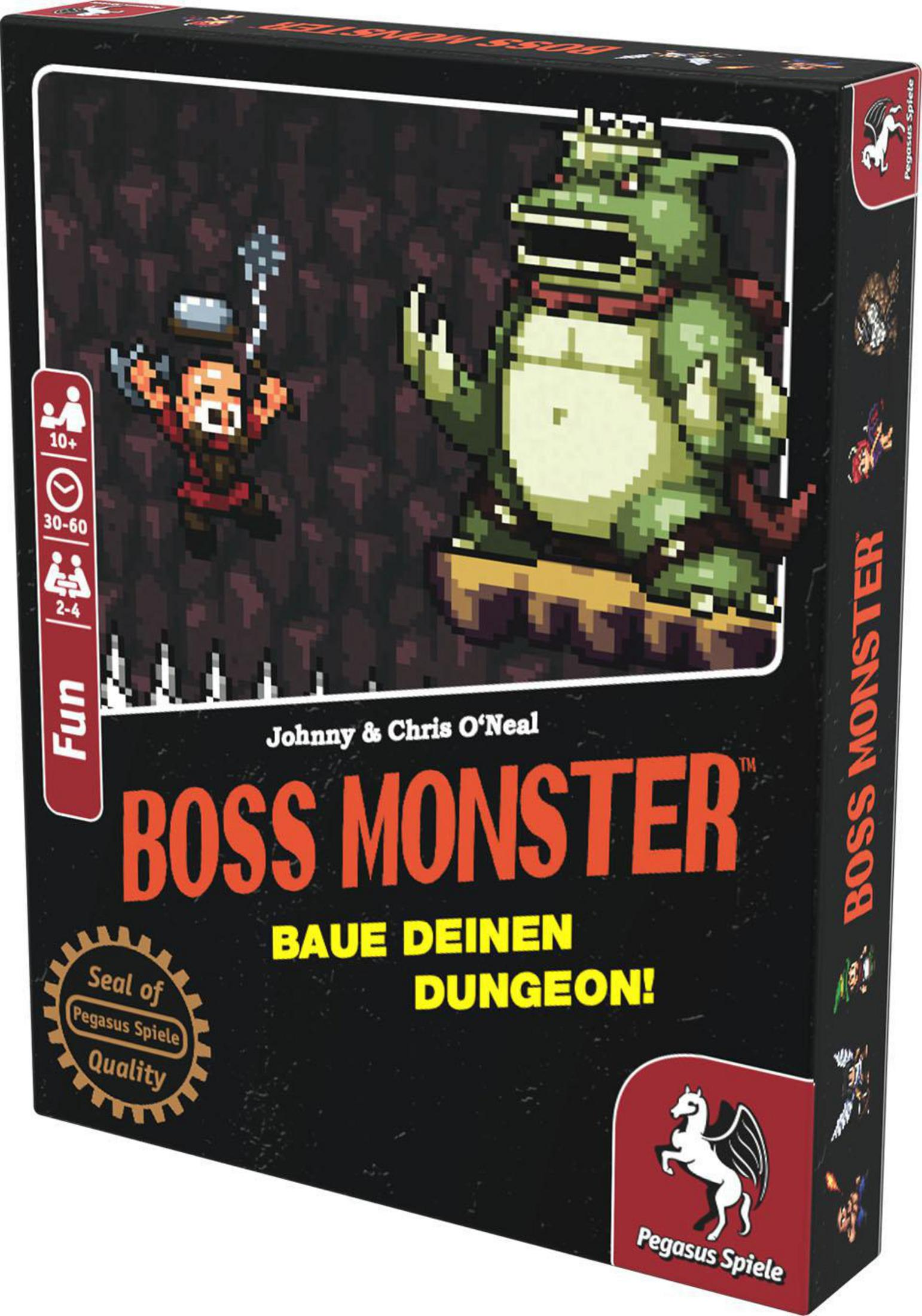 Schachtel für das Boss Monster Kartenspiel, mit pixeliger Kunst eines Monsters und eines Helden.