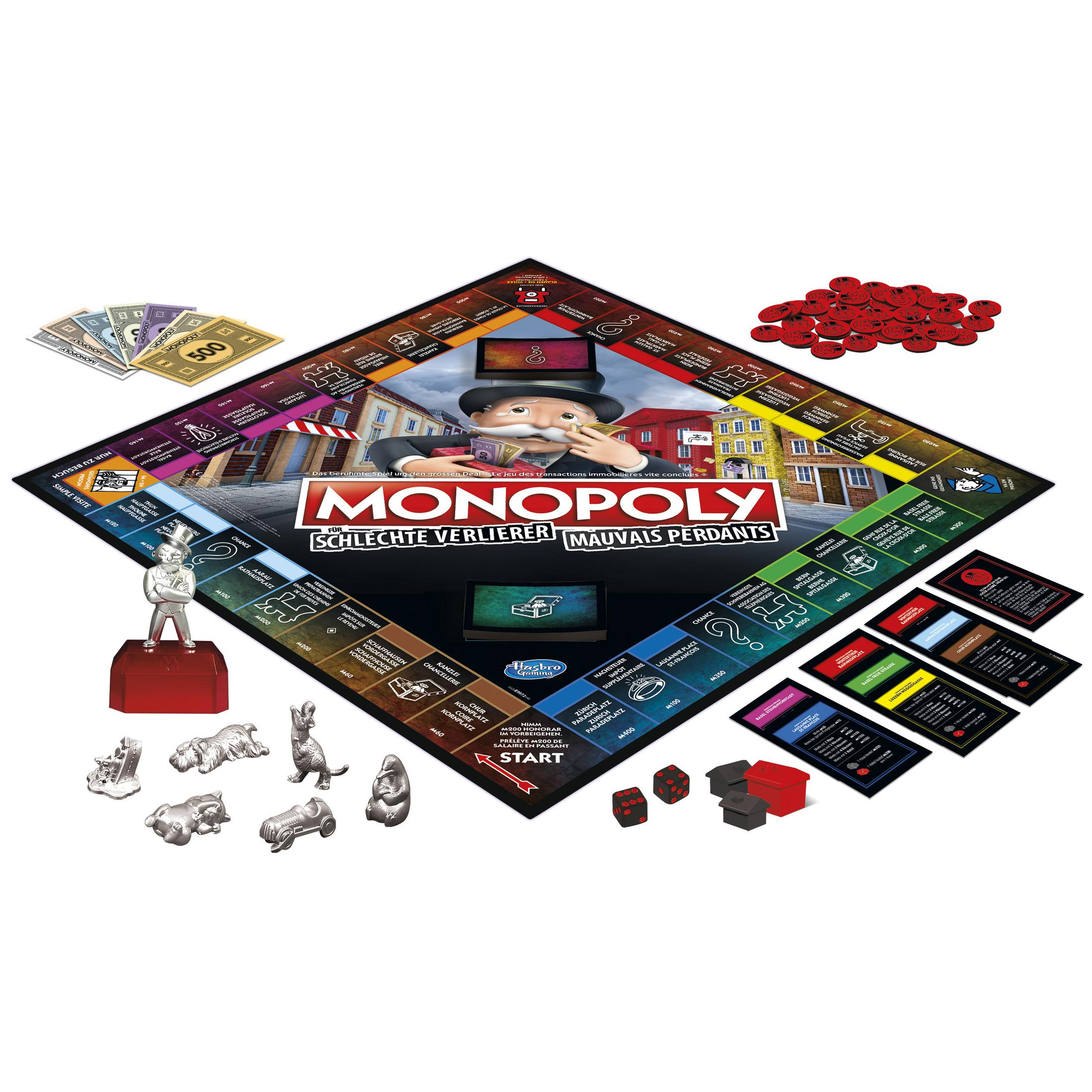 Monopoly-Brettspielbox mit Spielsteinen, Geld und einem Stadtbildhintergrund.