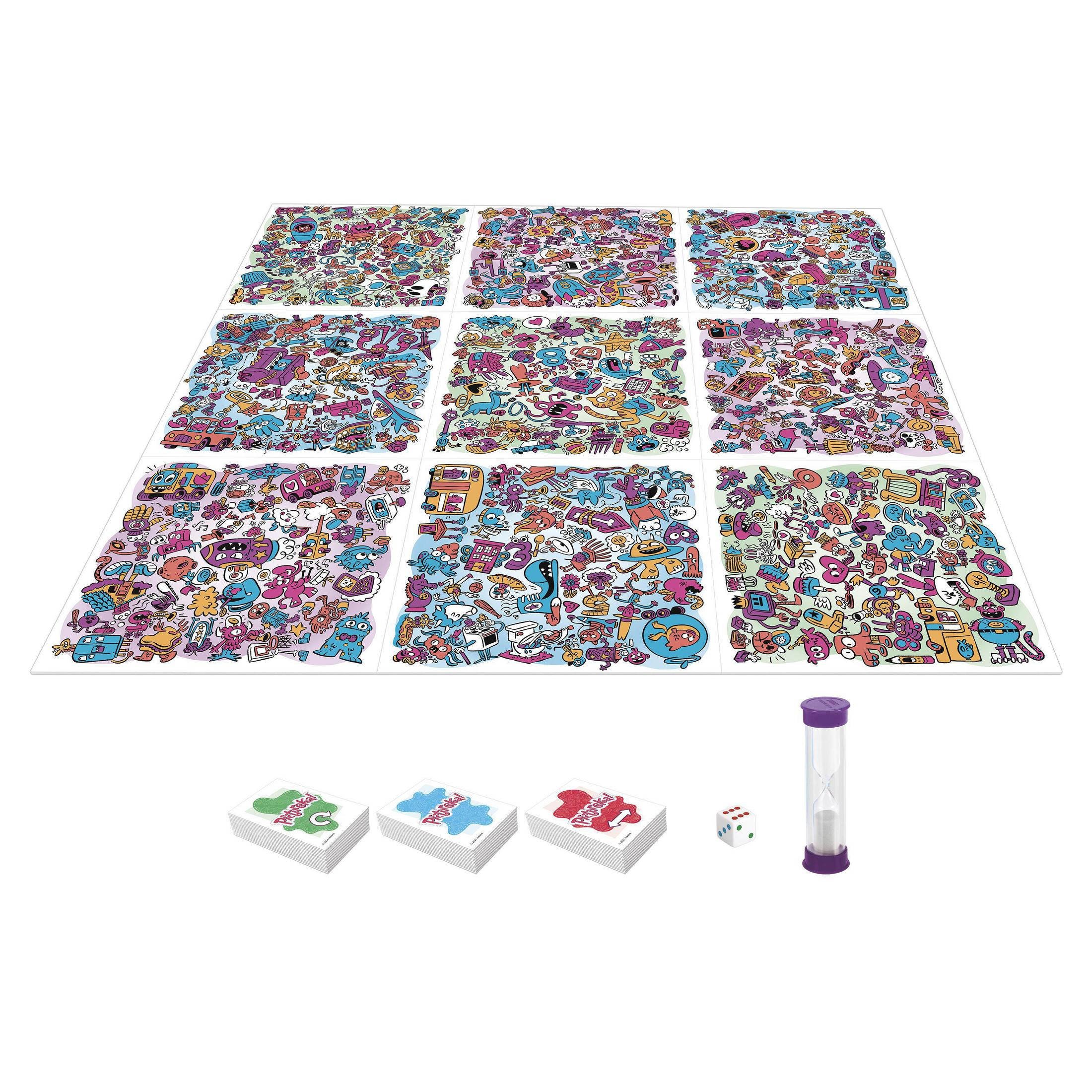 Ein Brettspiel mit farbenfrohem Design. Karten, Würfel und eine Sanduhr sind auch enthalten.