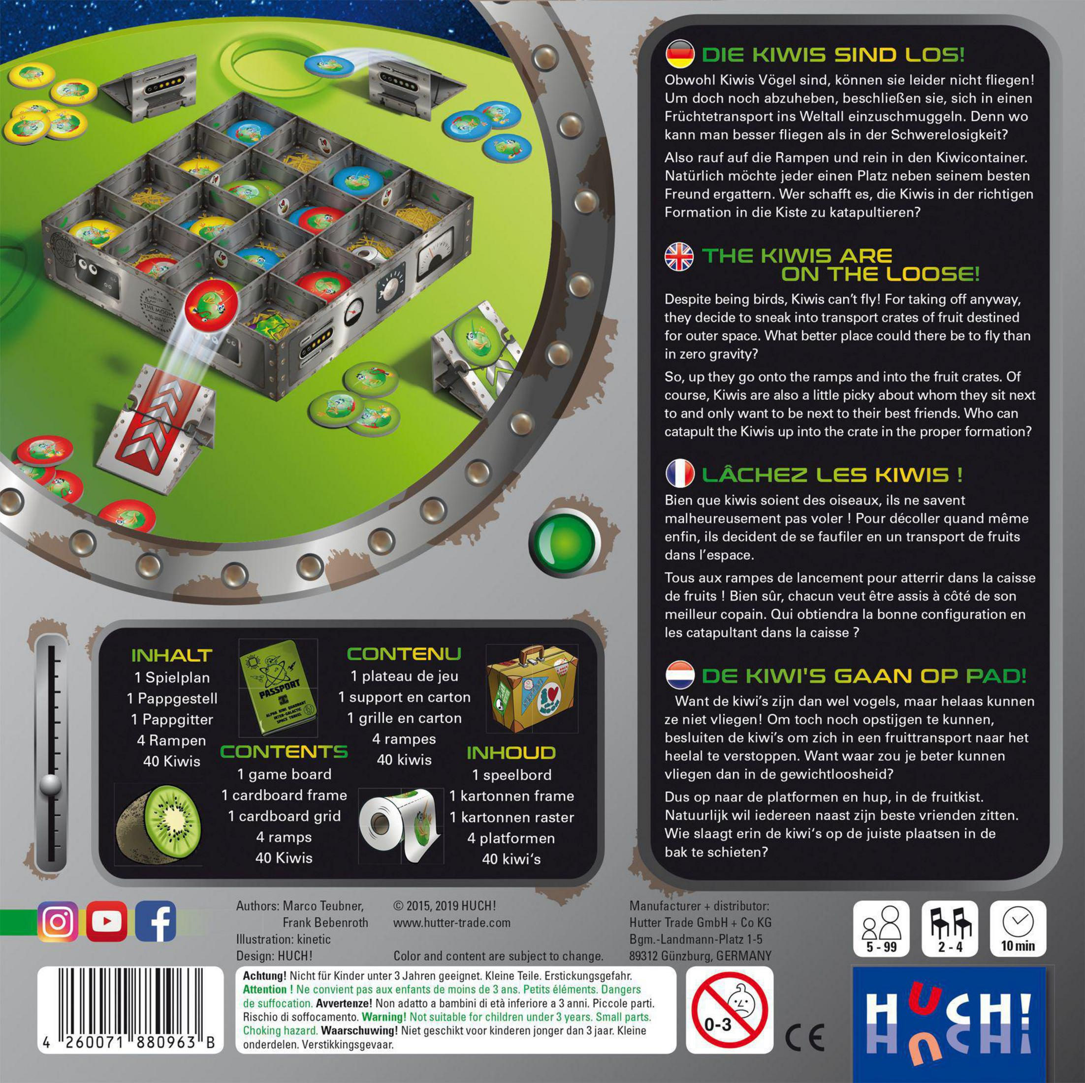 Kiwi-Spielbox mit Spielsteinen, Anweisungen und Text in mehreren Sprachen.