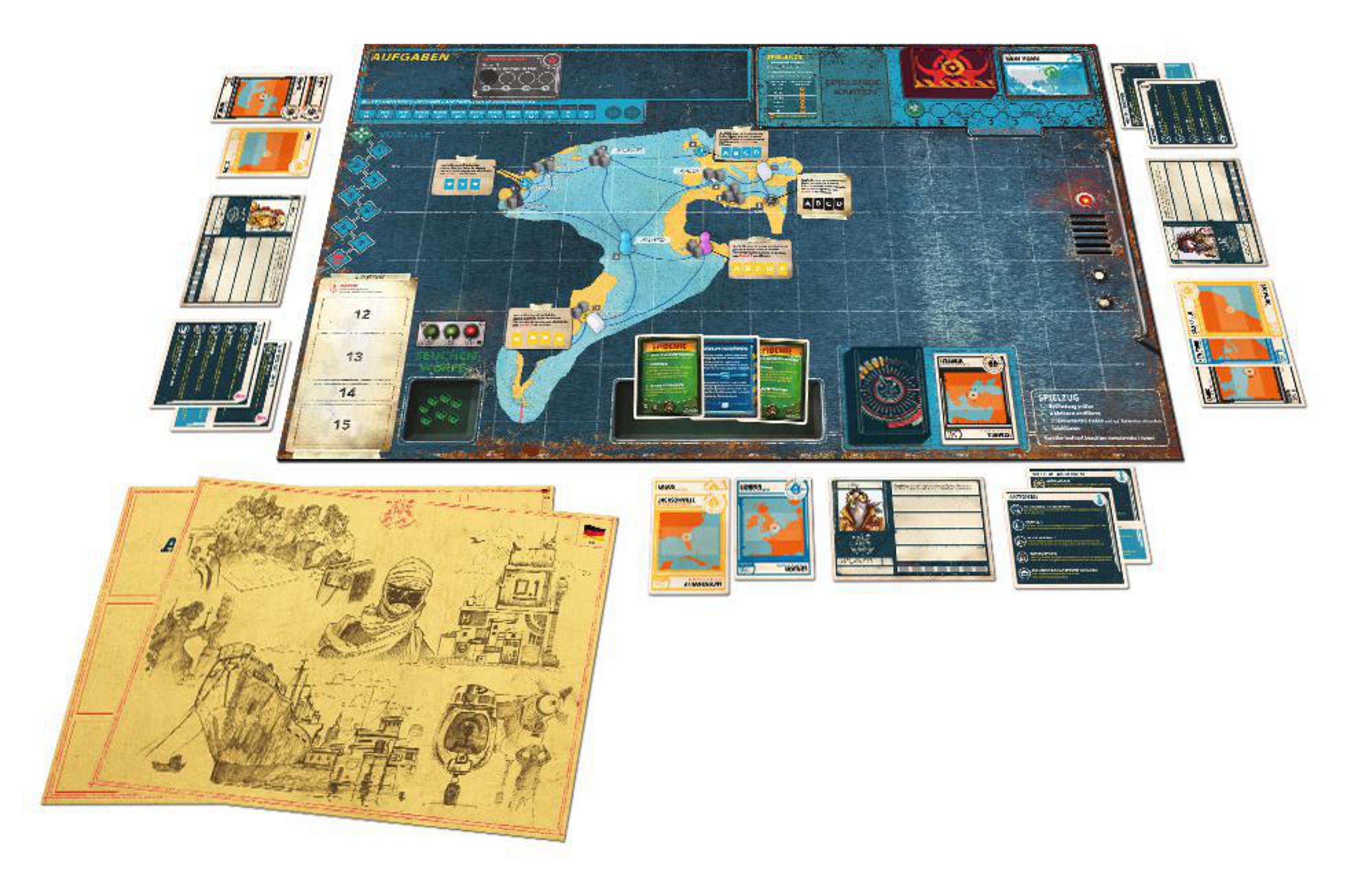 Brettspiel-Setup mit Karte, Karten und Spielsteinen, alles auf weißem Untergrund.
