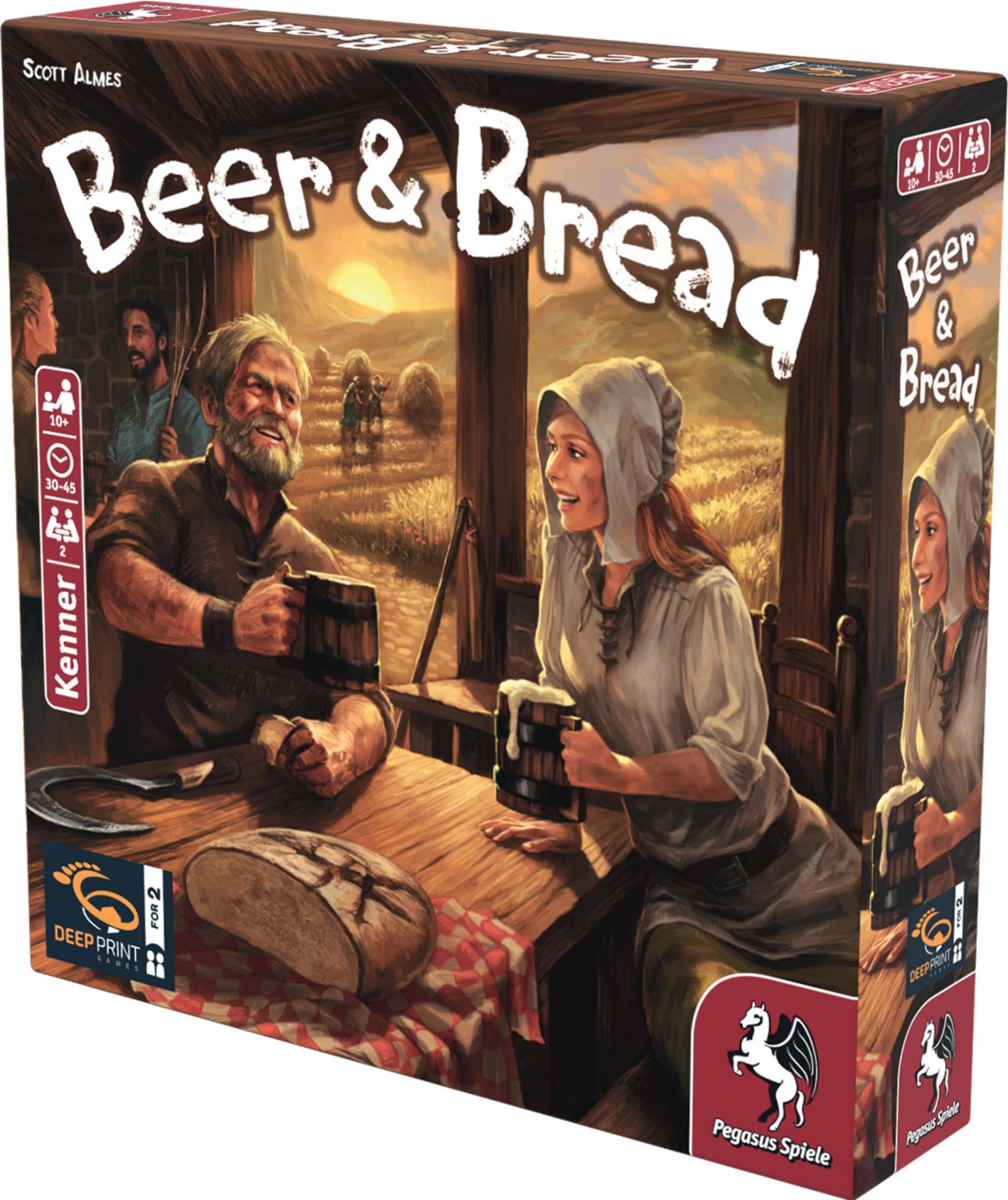 Schachtel für das Brettspiel 'Beer & Bread' mit Abbildungen von Menschen in einer Taverne.