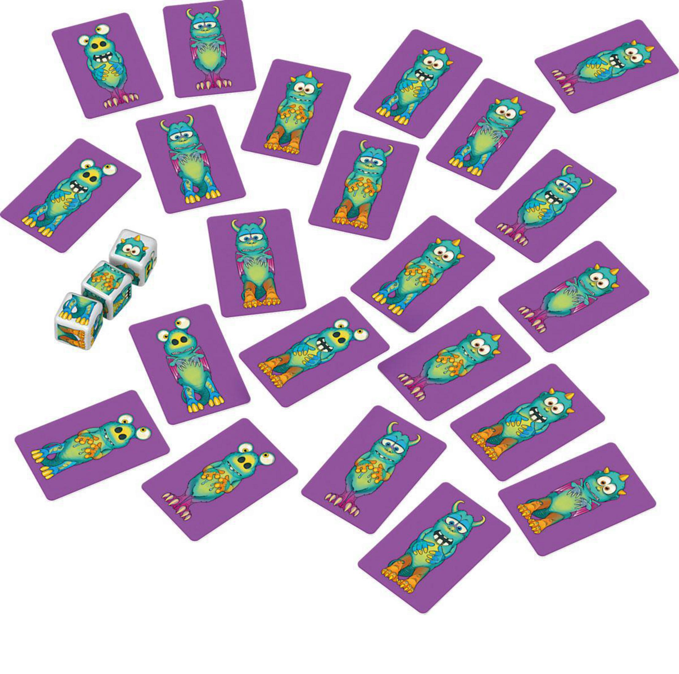 Brettspiel mit Karten mit Cartoon-Monstern und Würfeln. Die Spielkomponenten befinden sich auf einer Oberfläche.