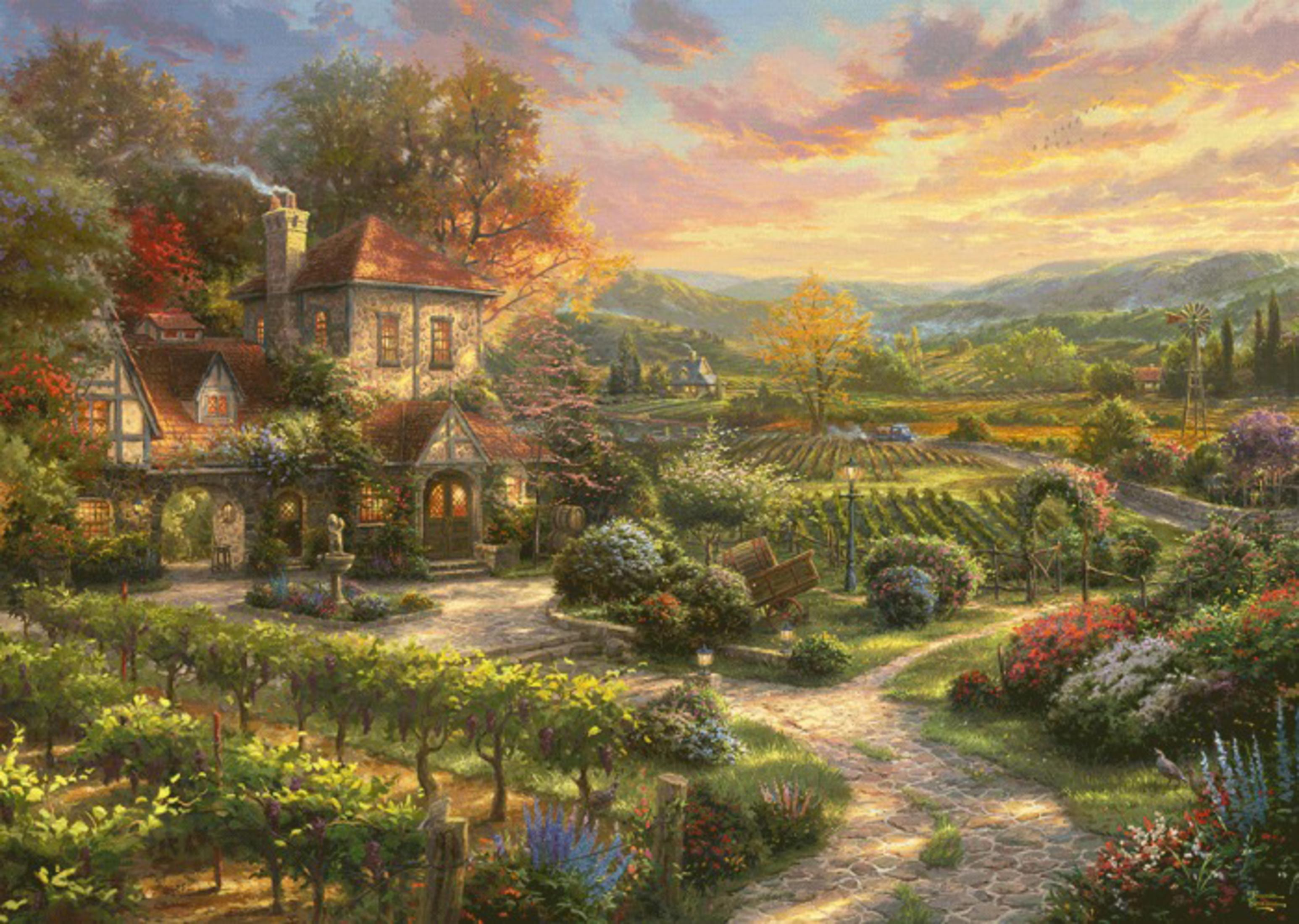 Pintura de una casa en un viñedo. Cielo al atardecer, jardín exuberante y un camino de piedra.