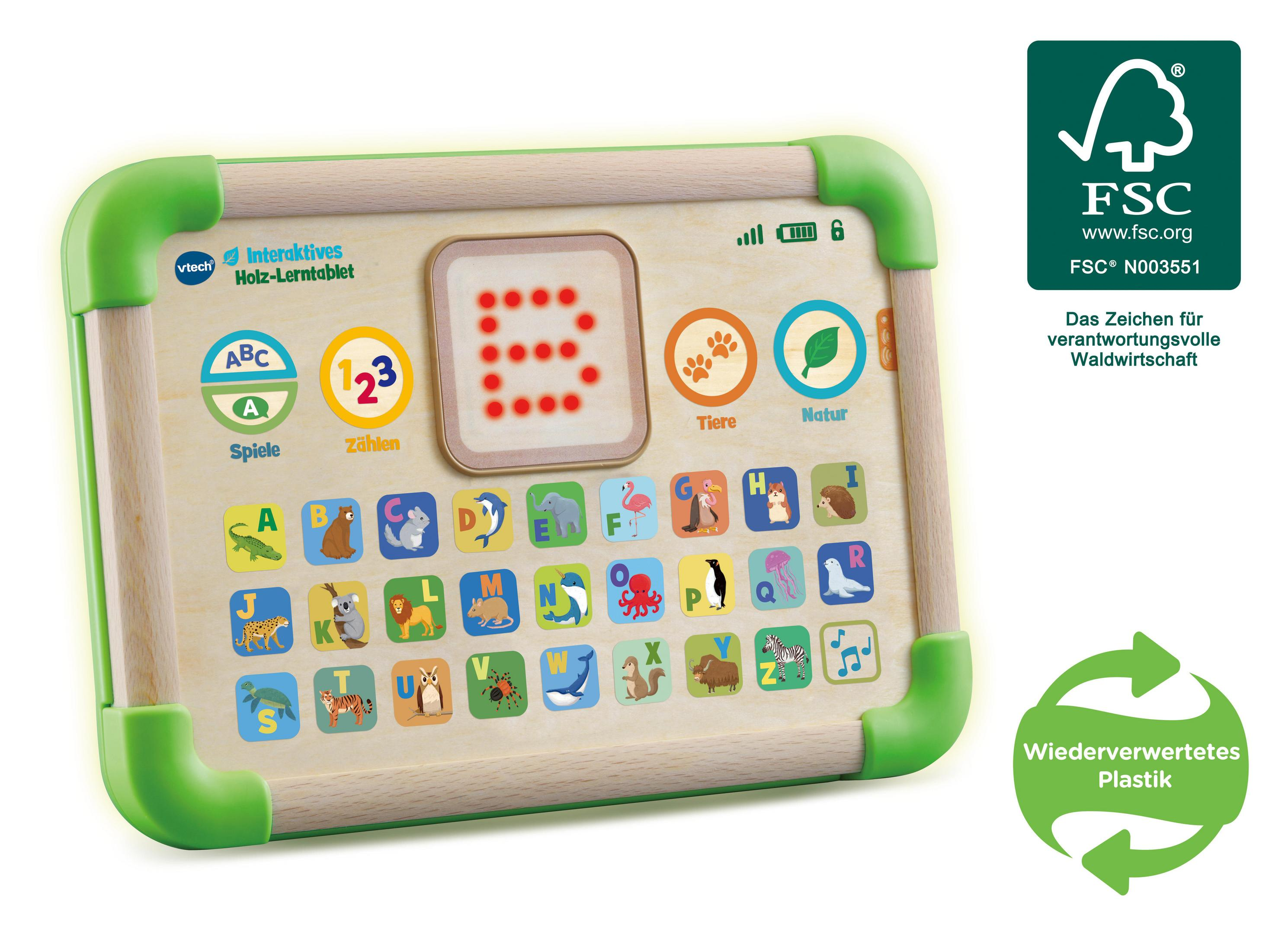 Ein hölzernes VTech-Lerntablet mit grünen Rändern, das Buchstaben, Zahlen, Tiere und Natursymbole zeigt.