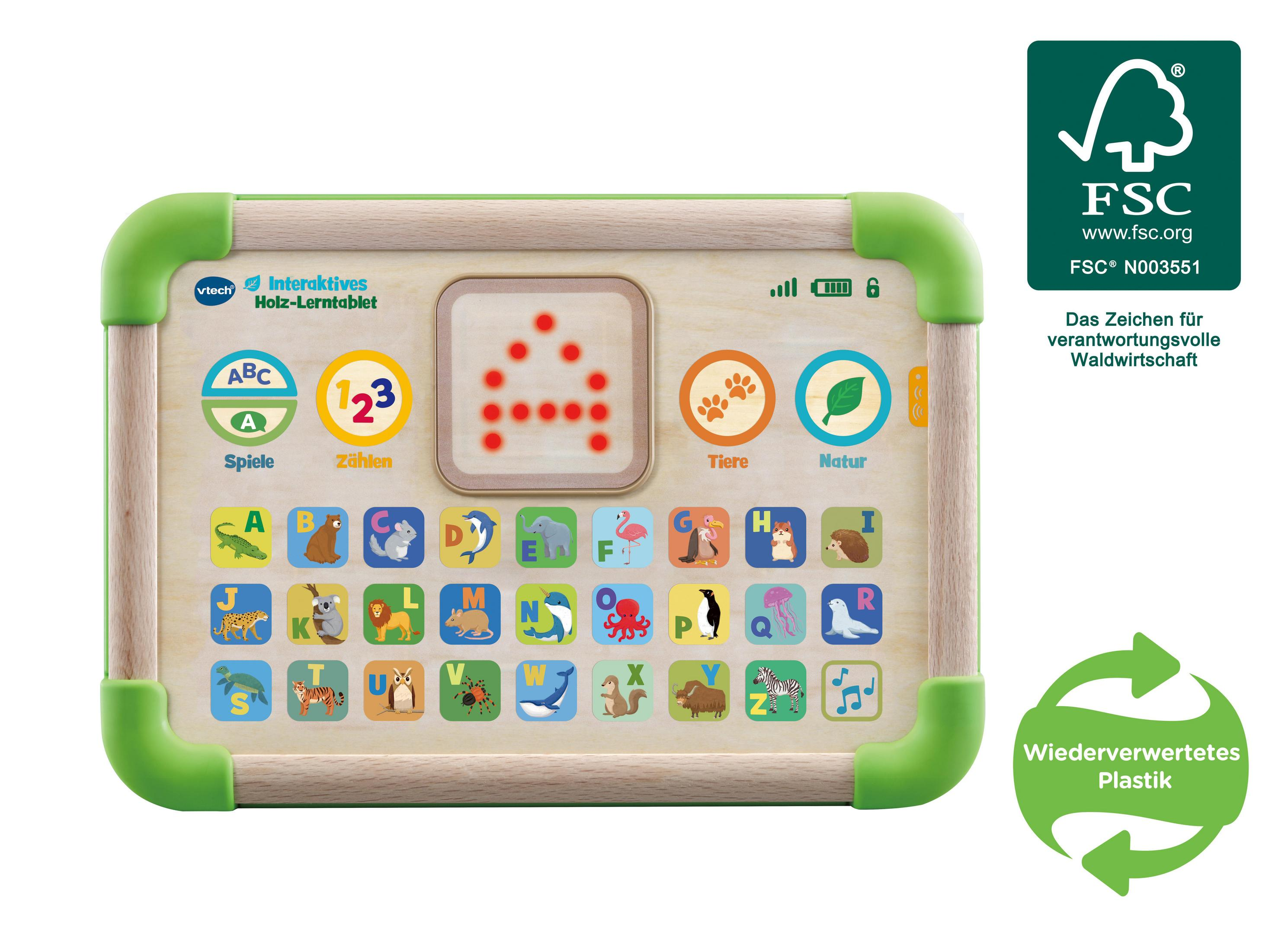 Ein hölzernes VTech-Lerntablet mit grünen Rändern, das Buchstaben, Zahlen, Tiere und Natursymbole zeigt.