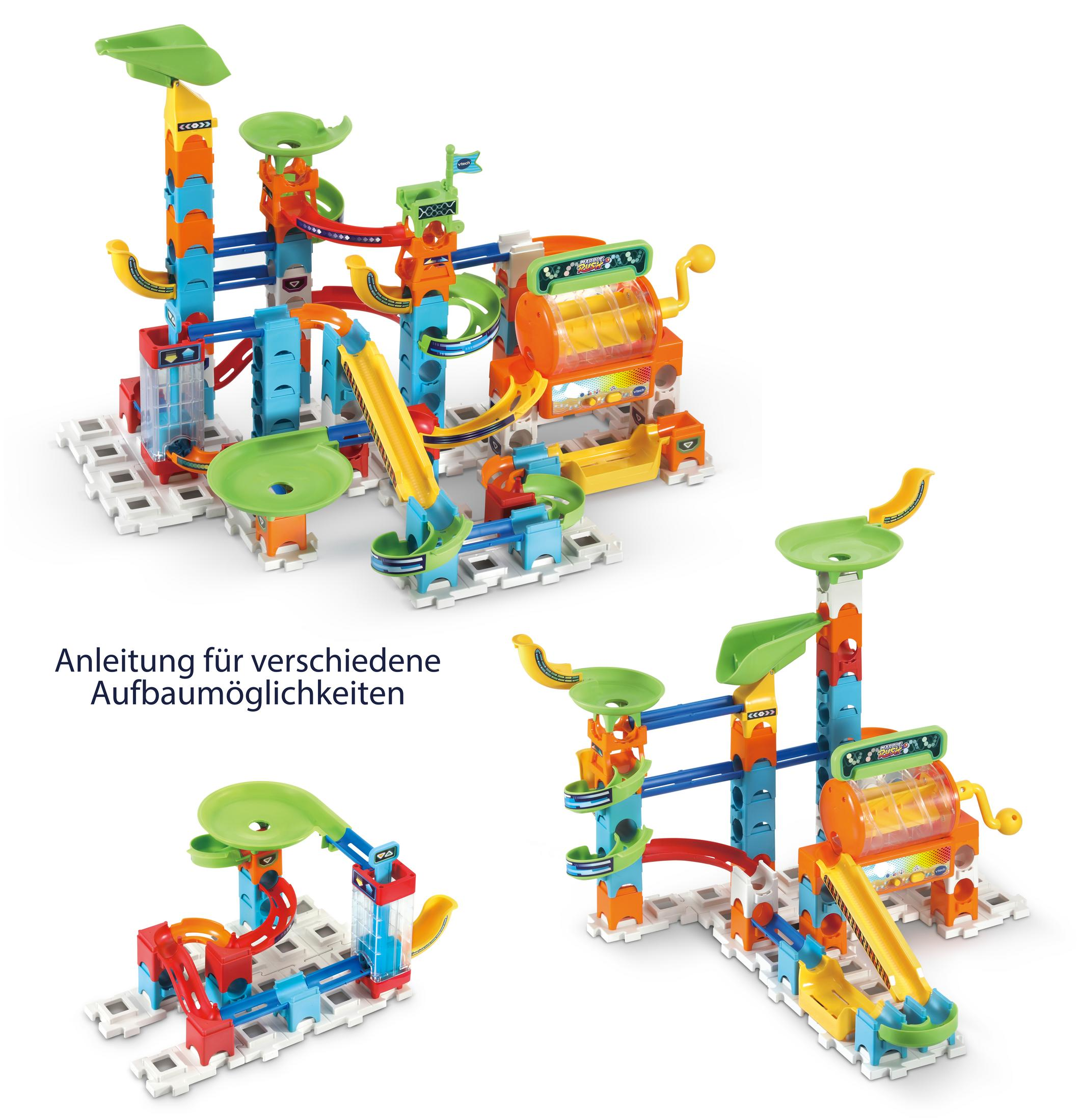 Mehrere Murmelbahnkonfigurationen mit dem Text 'Anleitung für verschiedene Aufbaumöglichkeiten'.