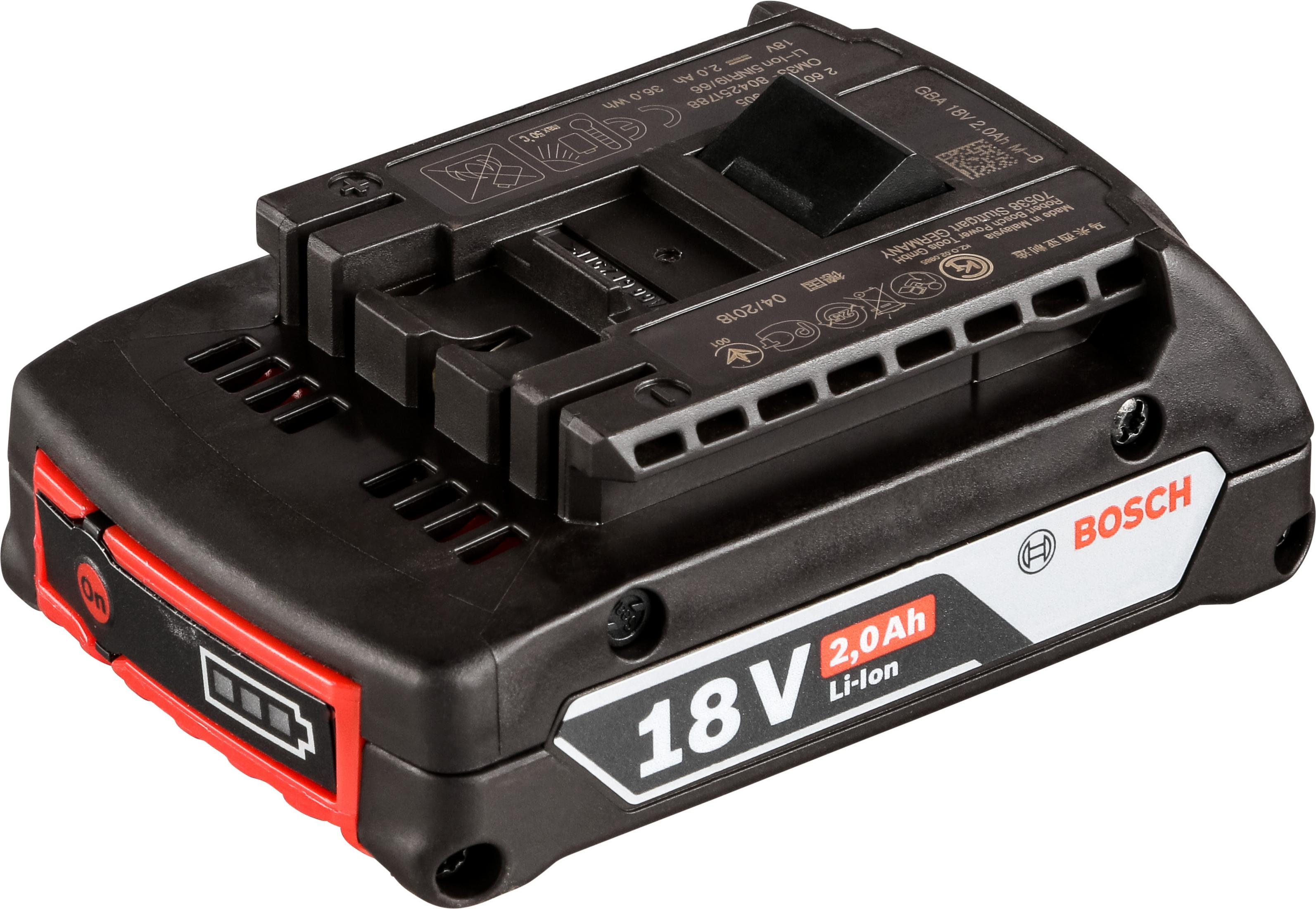 Batteria Bosch 18V 2.0Ah Li-Ion nera e rossa. Ha un indicatore di alimentazione e una porta di ricarica.
