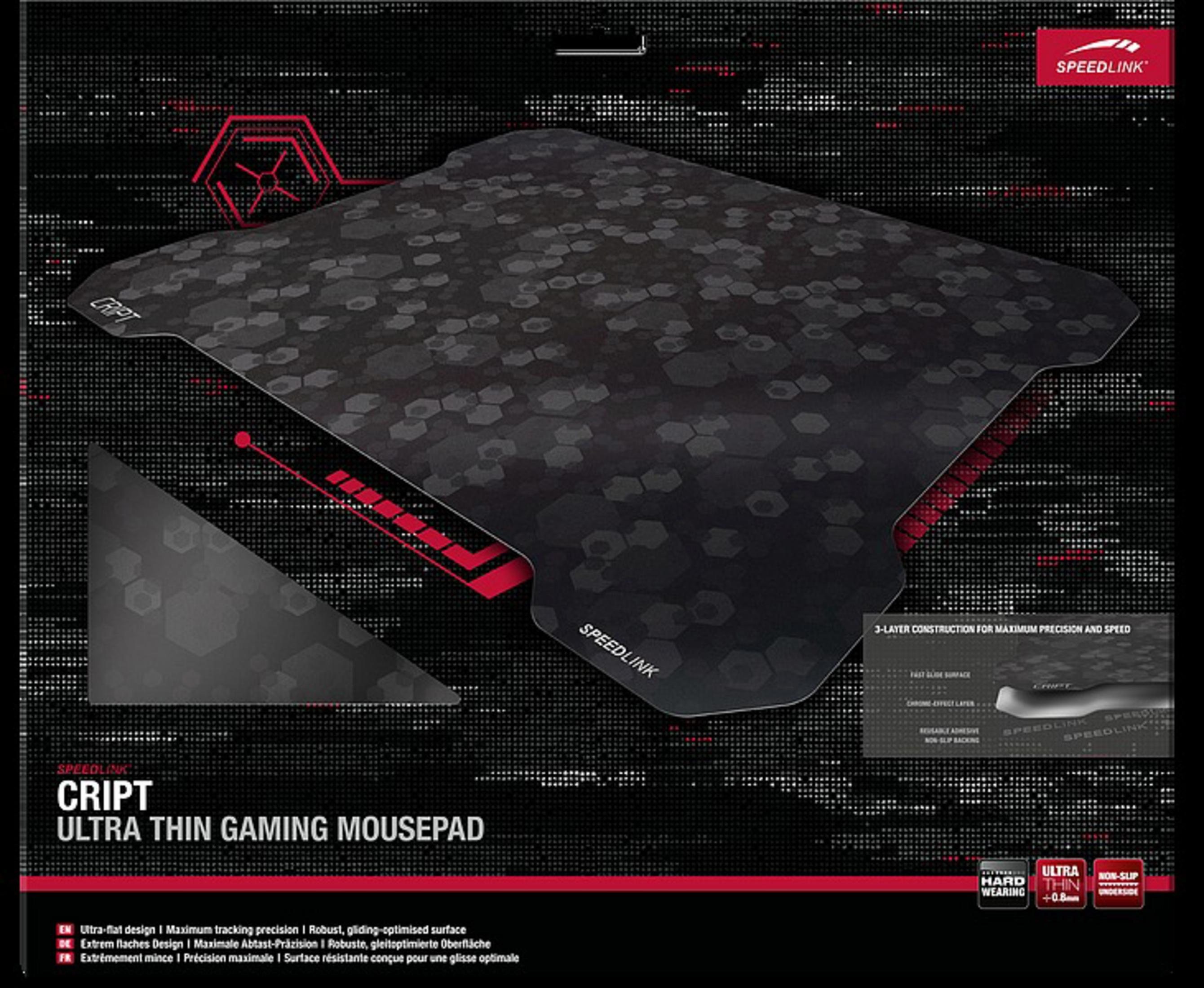 Schwarzes Gaming-Mauspad mit sechseckigem Muster, rotem Logo und Text.