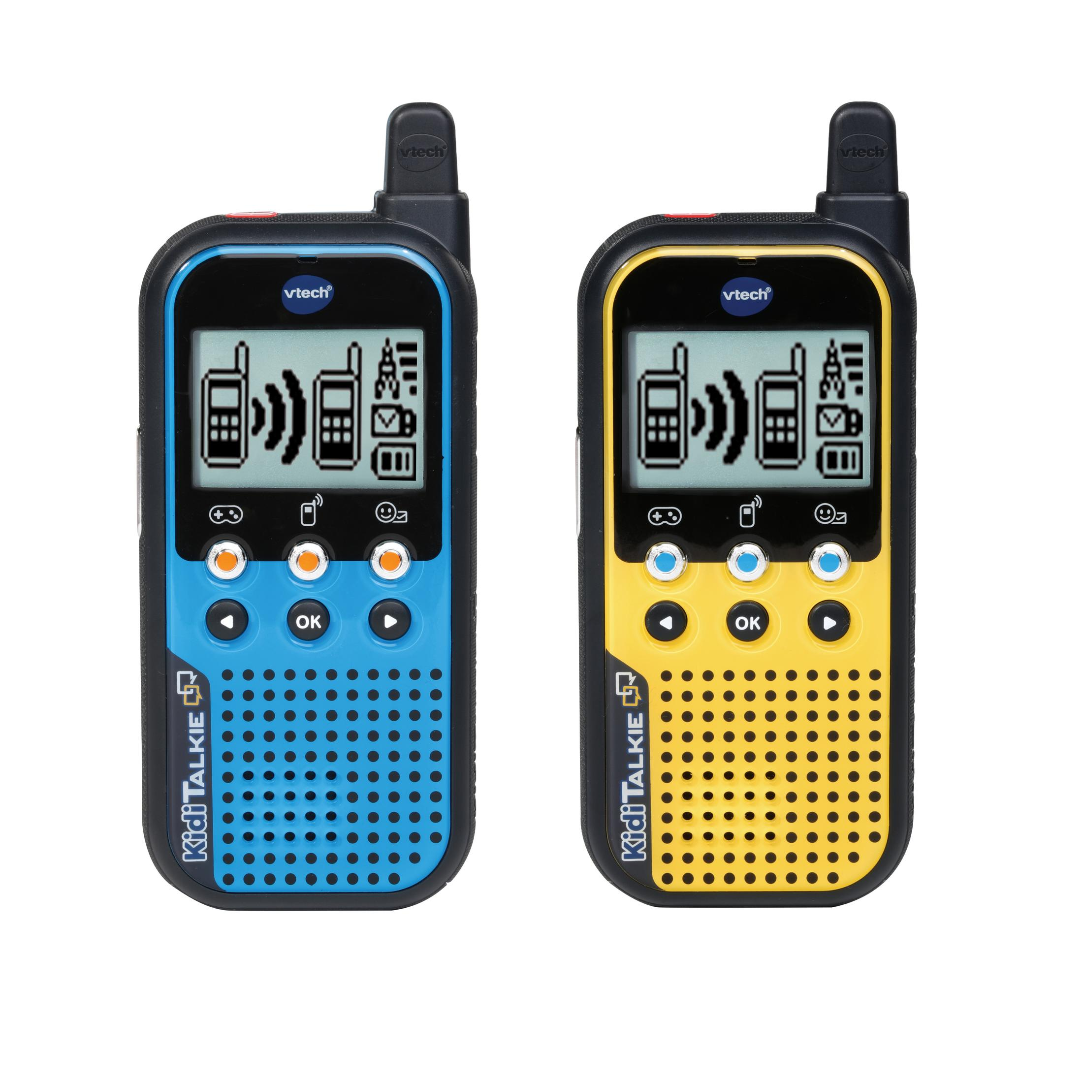 Zwei KidTalkie Walkie-Talkies. Eines ist blau, das andere gelb. Beide haben Knöpfe und einen Bildschirm.