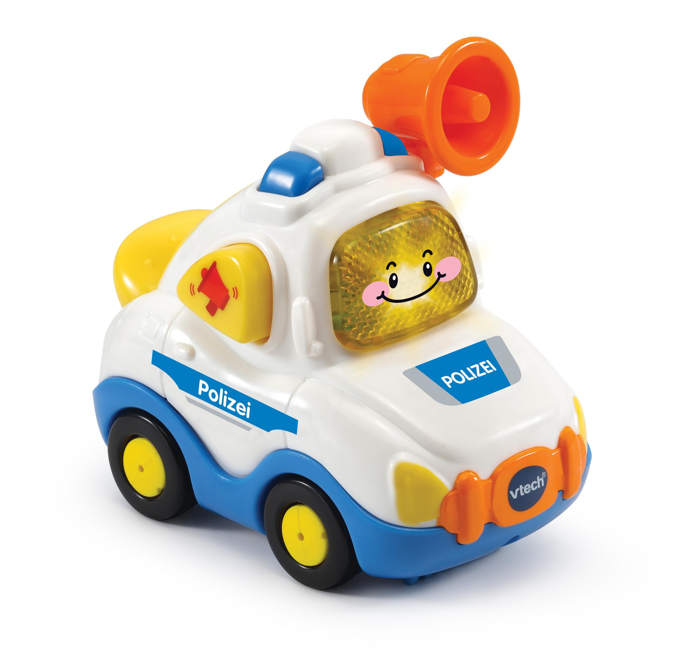 Ein weißes Spielzeug-Polizeiauto mit blauem Unterteil, orangem Megafon und gelben Rädern.