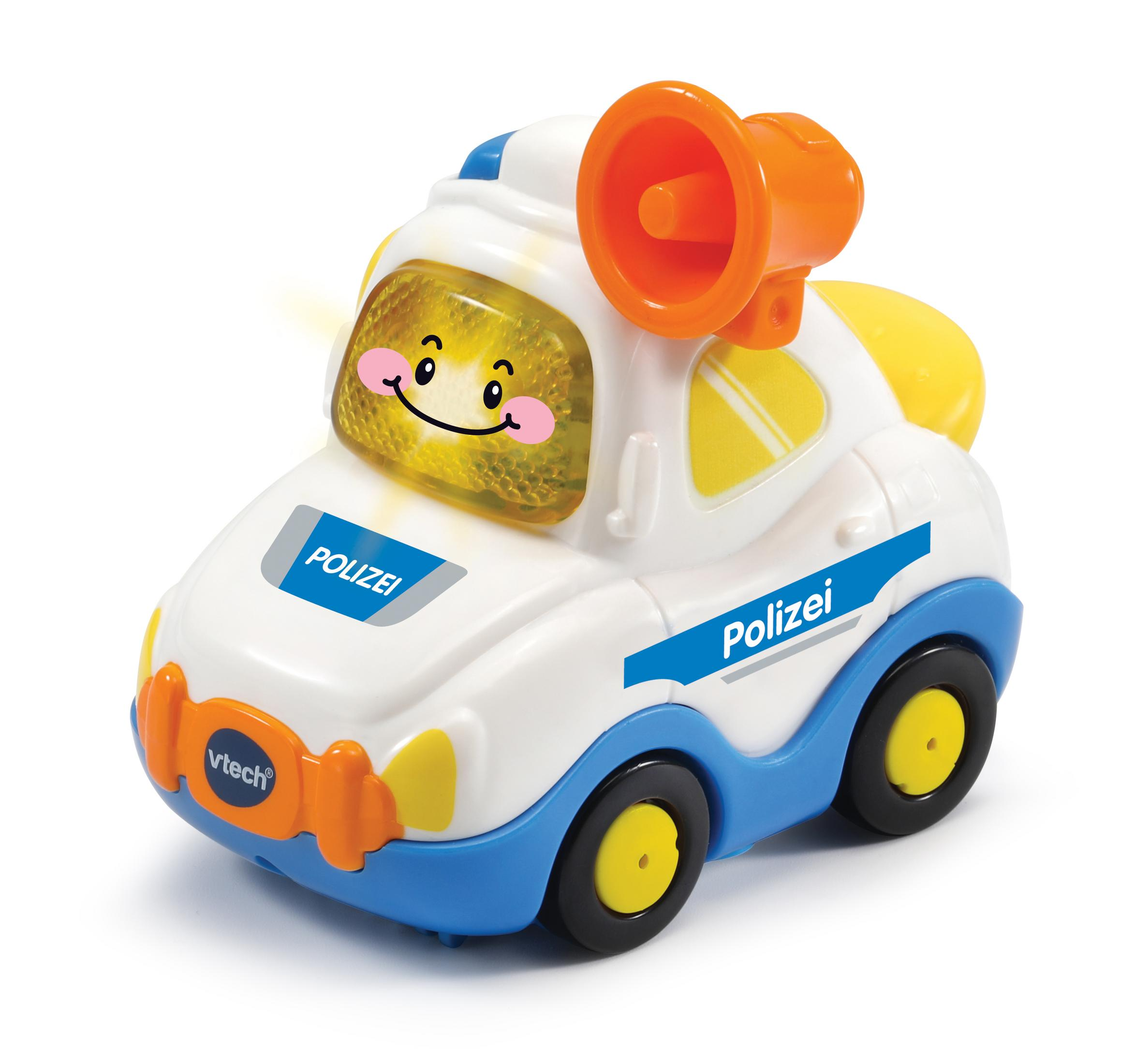 Spielzeugpolizeiauto mit Gesicht, Lautsprecher und Vtech-Logo.
