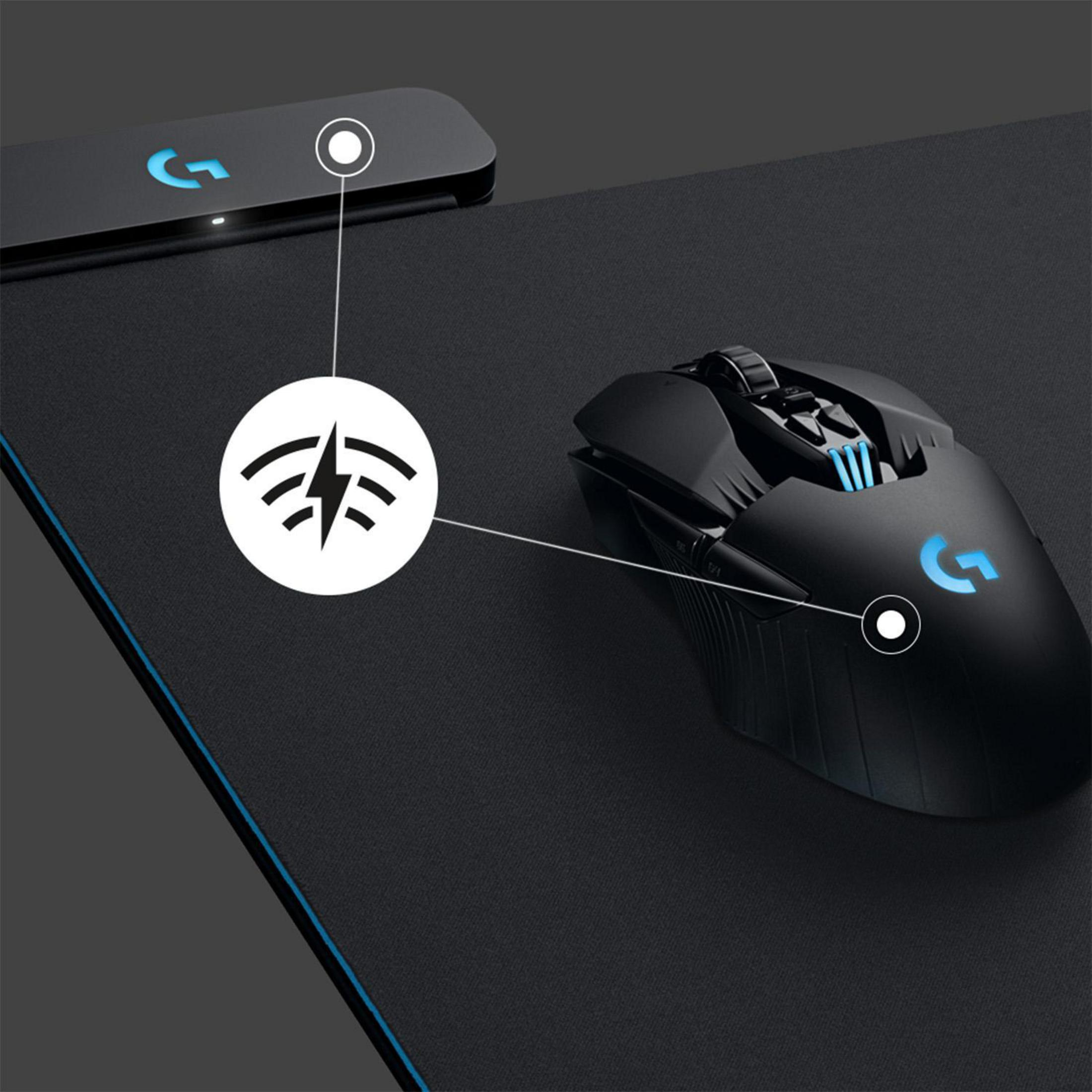 Eine schwarze kabellose Maus neben einem Ladepad, beide mit beleuchteten blauen Logos.