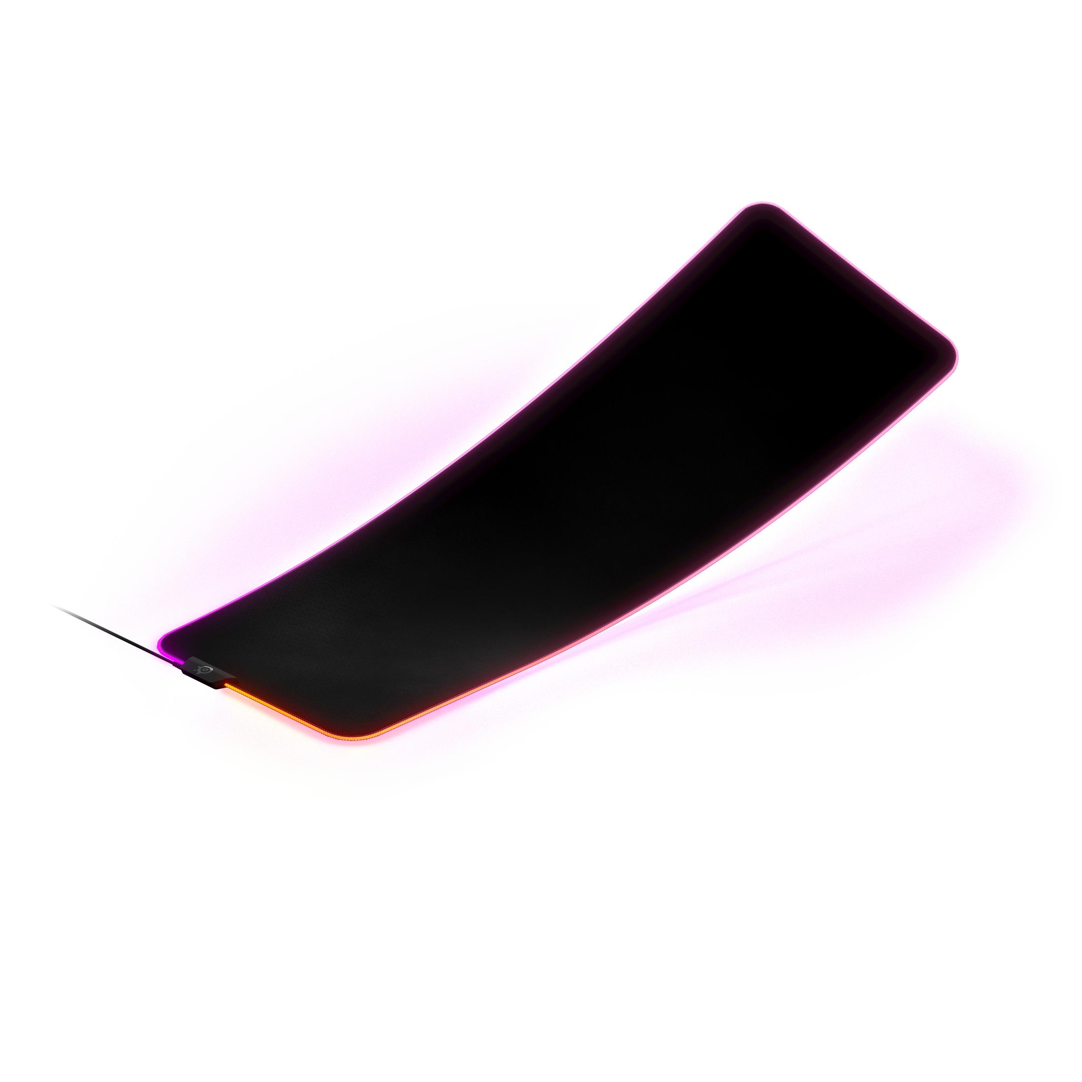 A black gaming mousepad with illuminated edges, placed on a white surface with a white background.