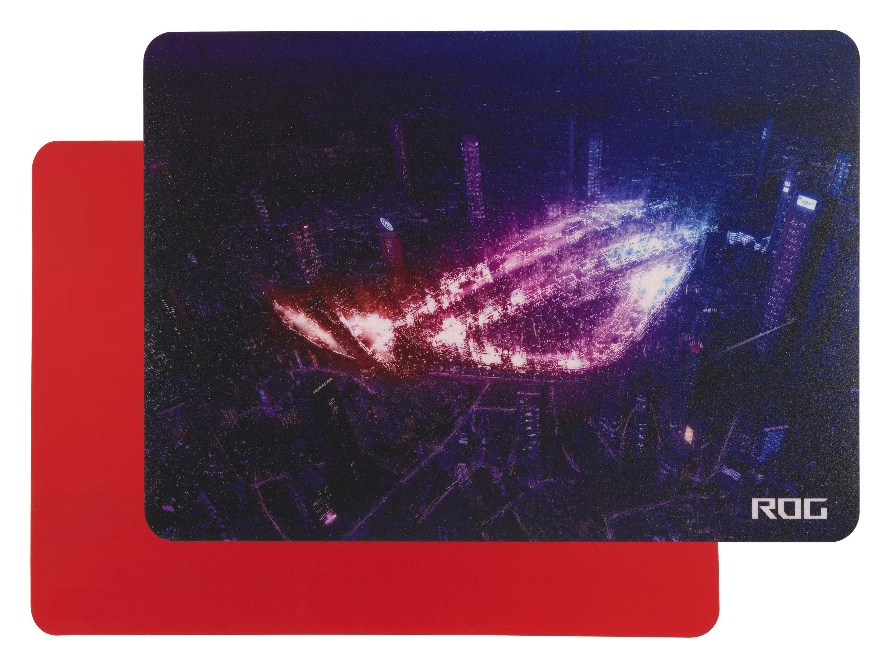 Een rood en zwarte muismat met het ROG-logo. De achtergrond is een stad 's nachts.