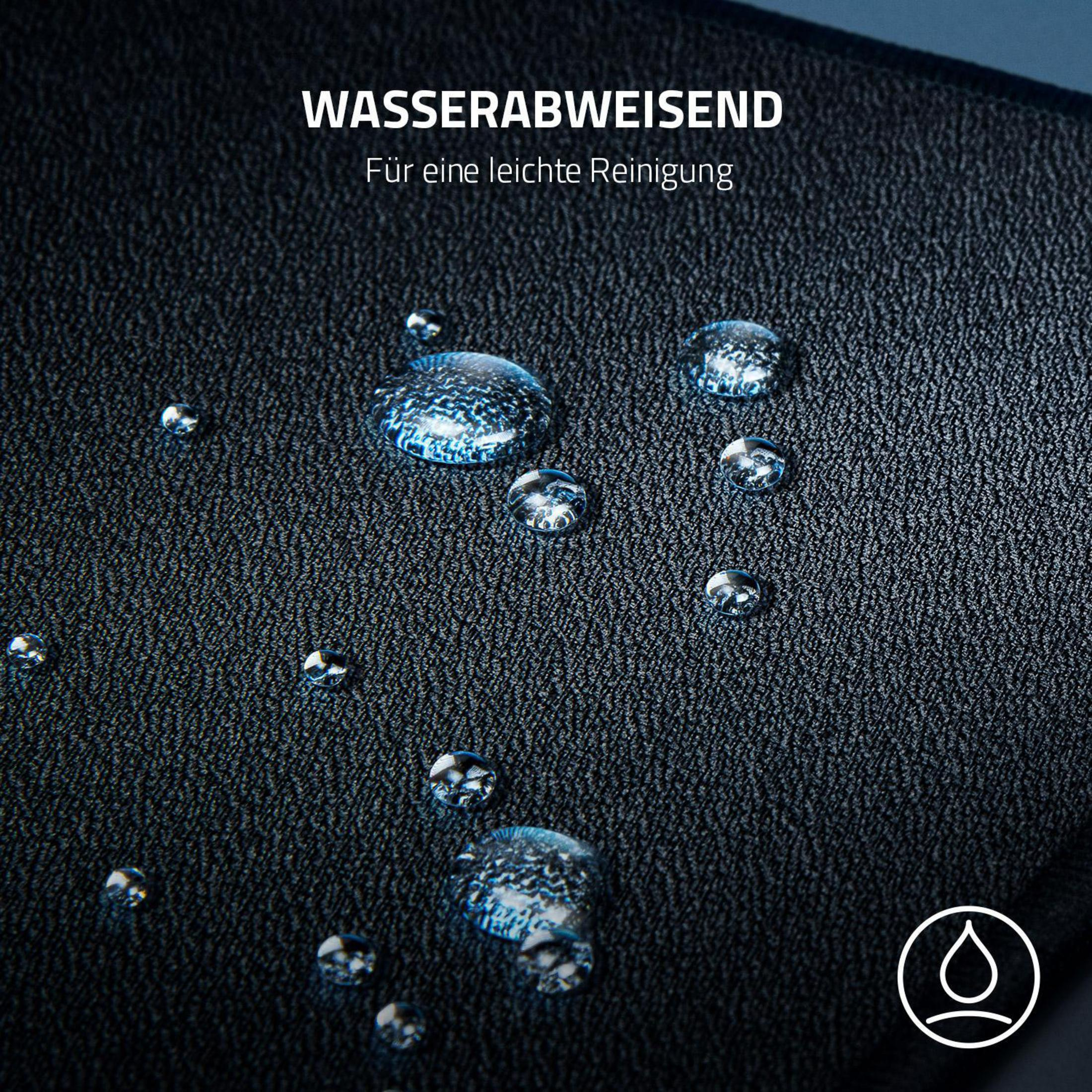 Zbliżenie kropli wody na ciemnej, teksturowanej powierzchni. Tekst: 'Wodoodporny'.