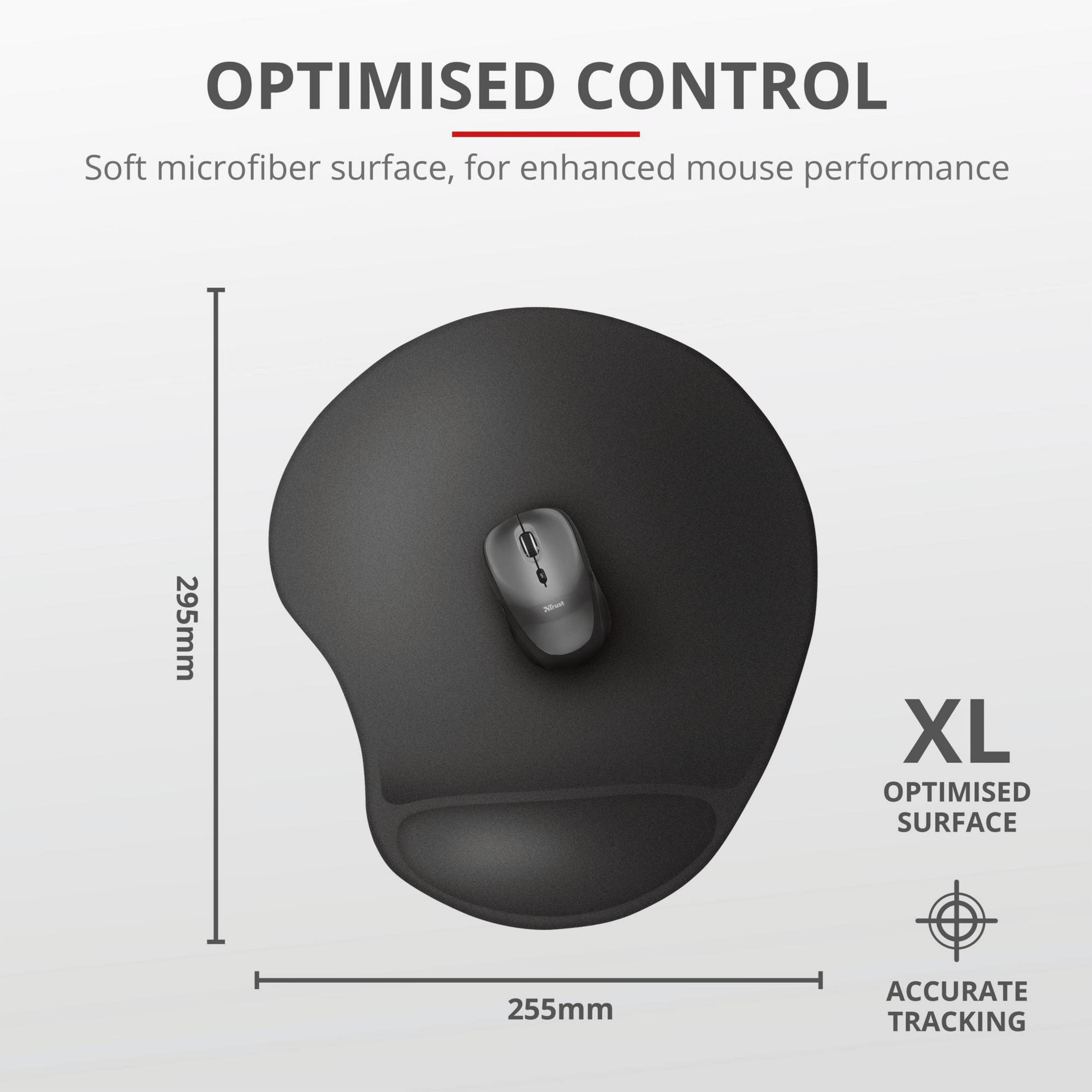 Un ratón negro sobre una alfombrilla negra con reposamuñecas. Texto: Control optimizado, XL, seguimiento preciso.