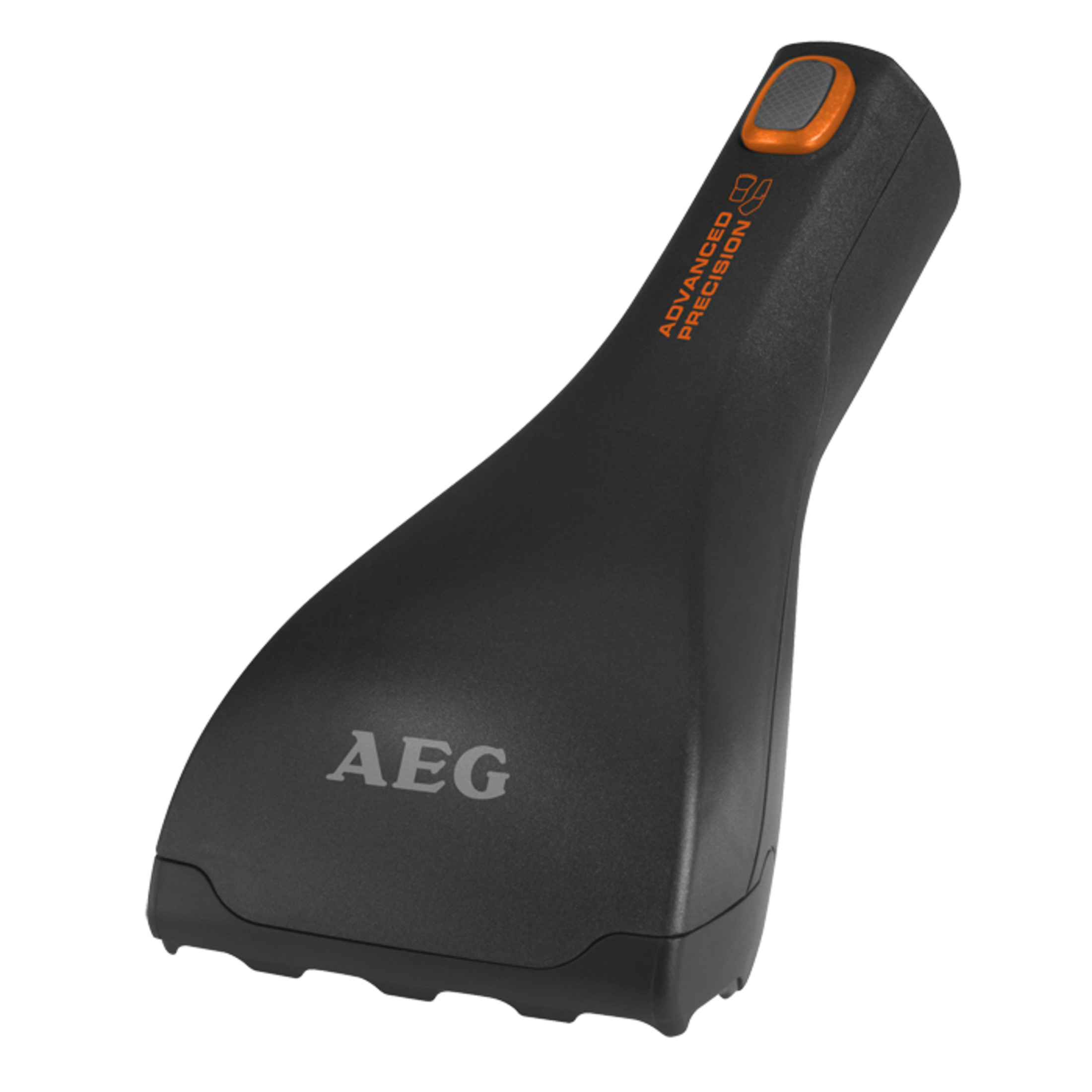 Accesorio negro para aspiradora con logo AEG y botón naranja.