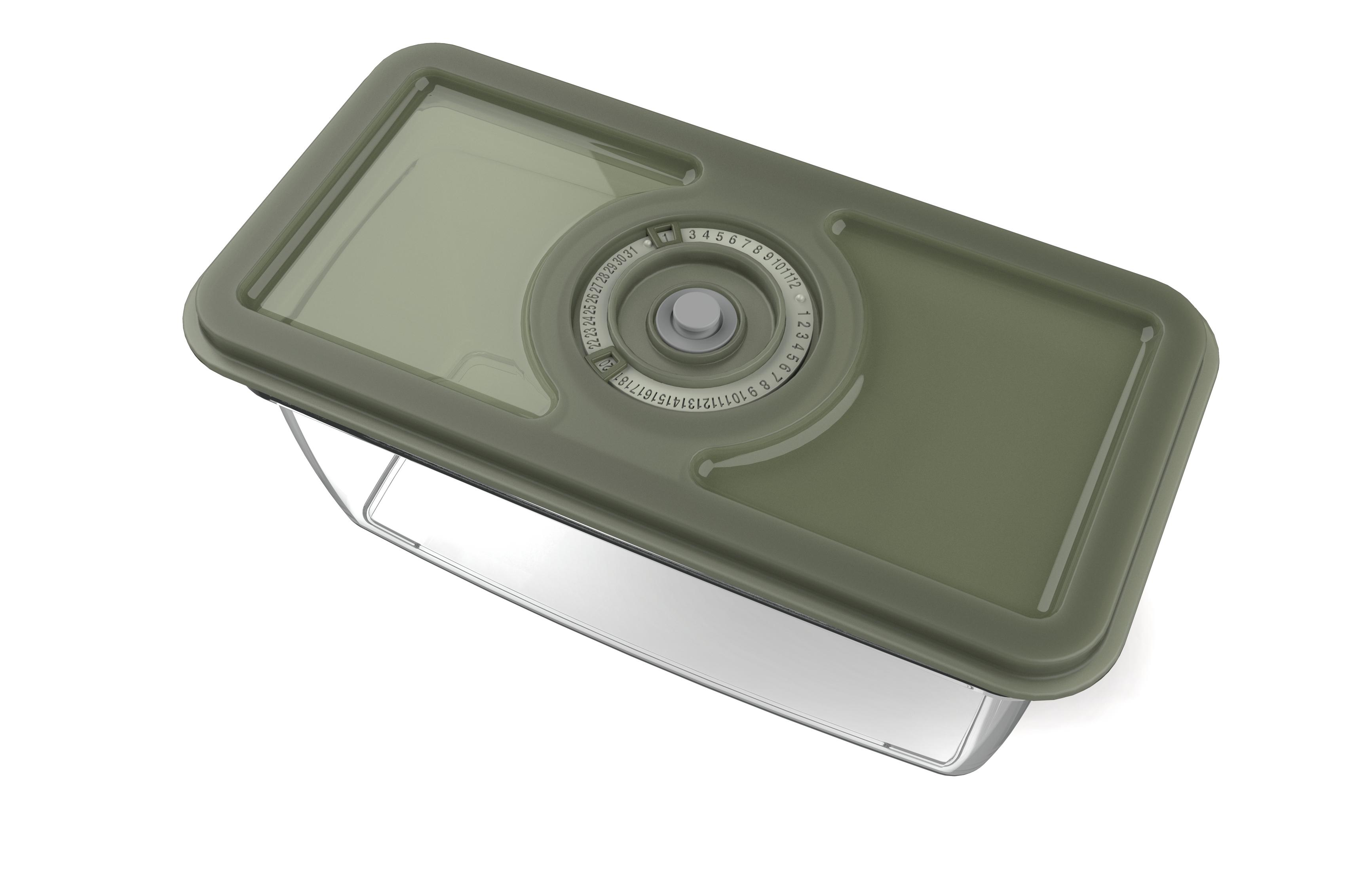 Un recipiente rectangular para alimentos con tapa verde y asa de alambre plateado.