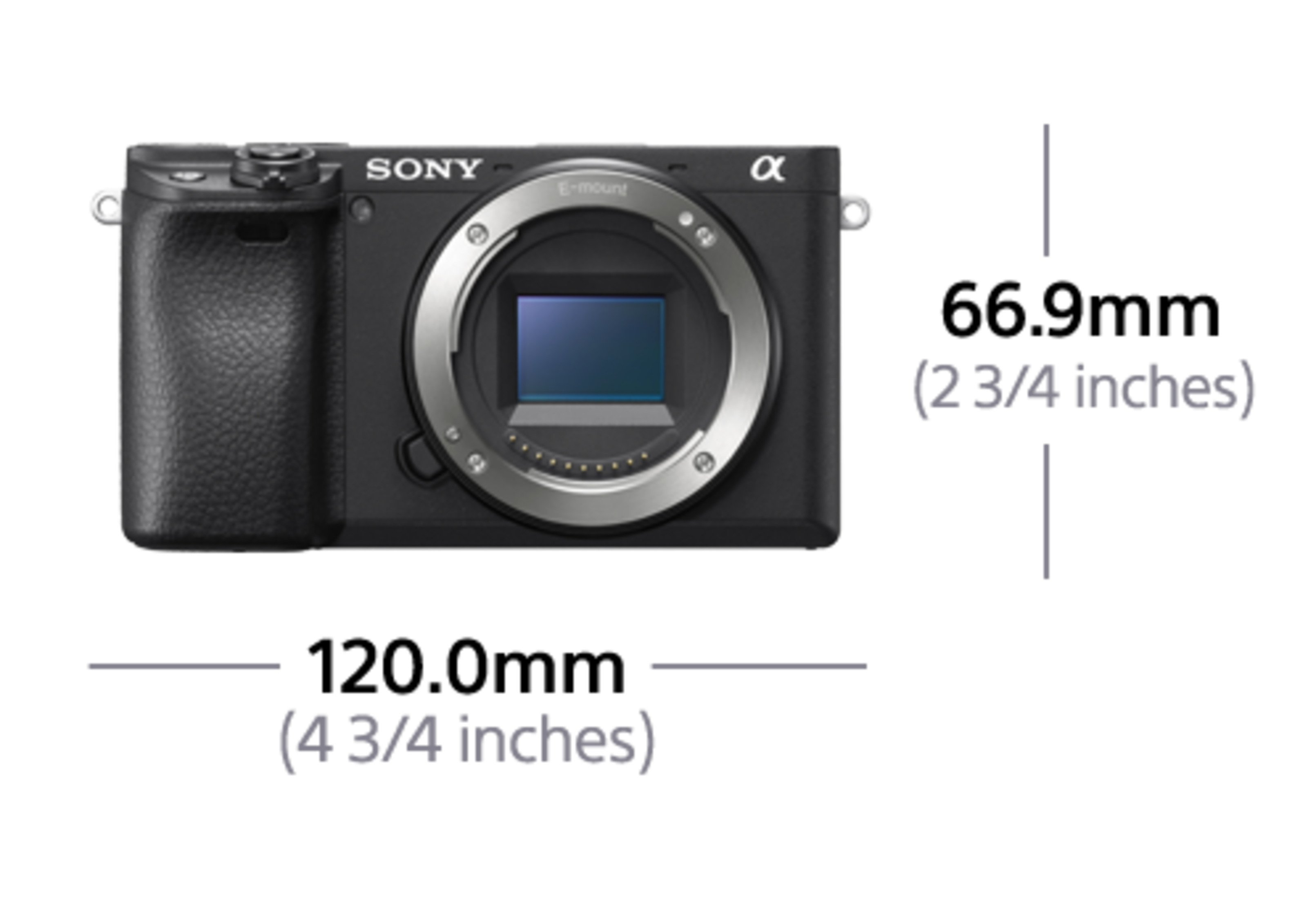 Cámara Sony negra con lente, dimensiones: 120 mm y 66,9 mm, con etiquetas de texto.