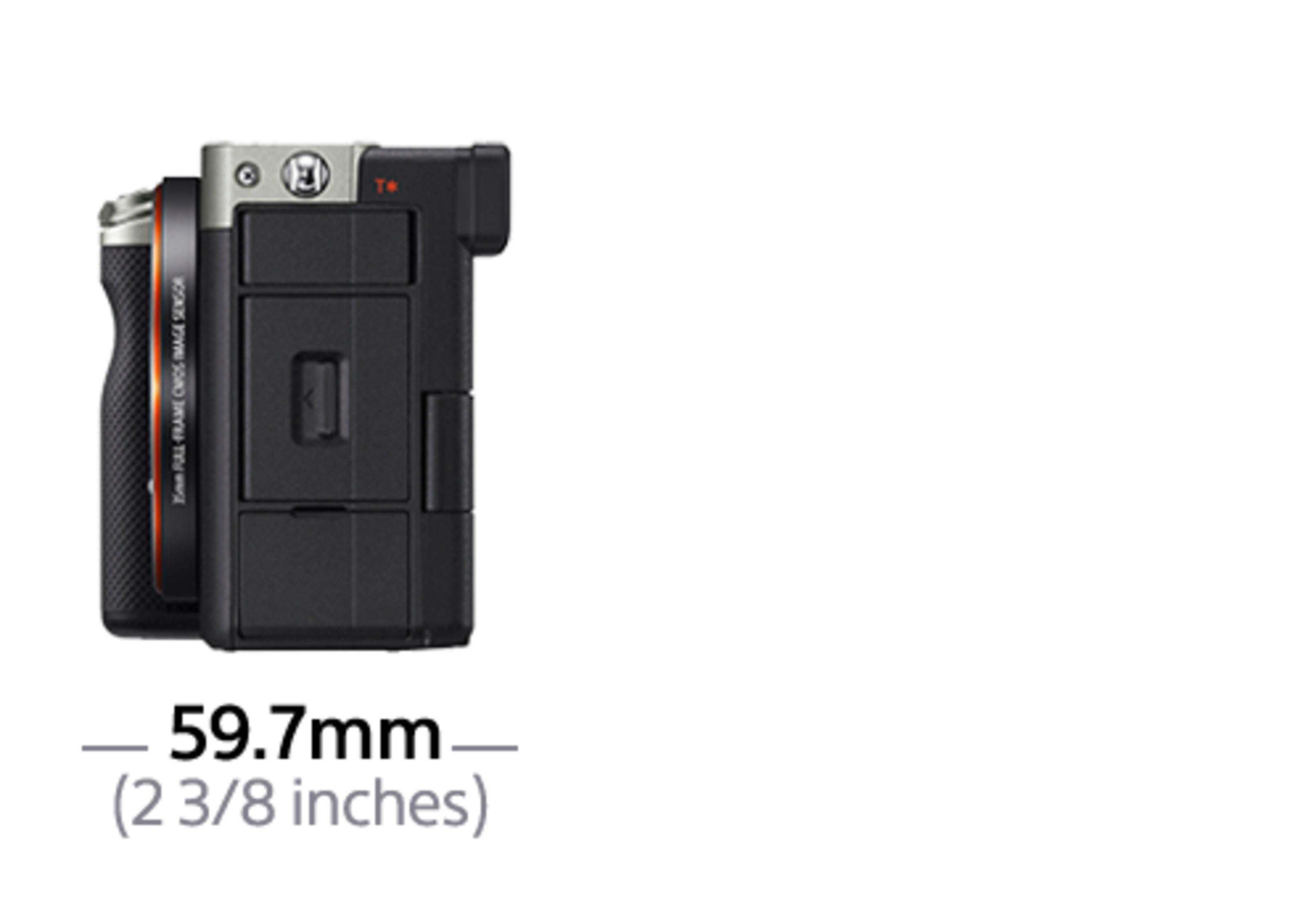 Un cuerpo de cámara negro desde un lado, con una escala de 59,7 mm.