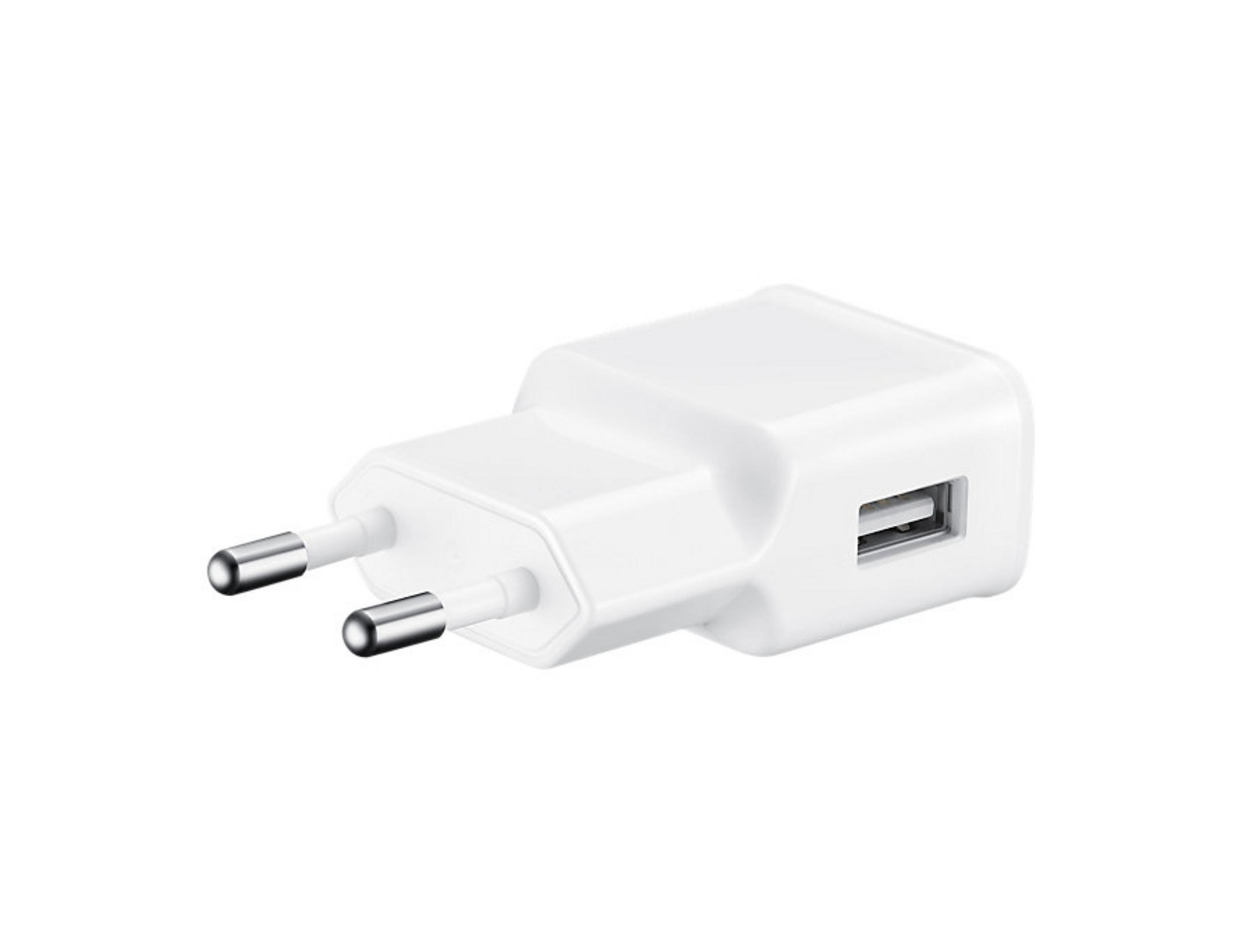 Weißes USB-Ladegerät mit zwei Stiften und USB-Anschluss.