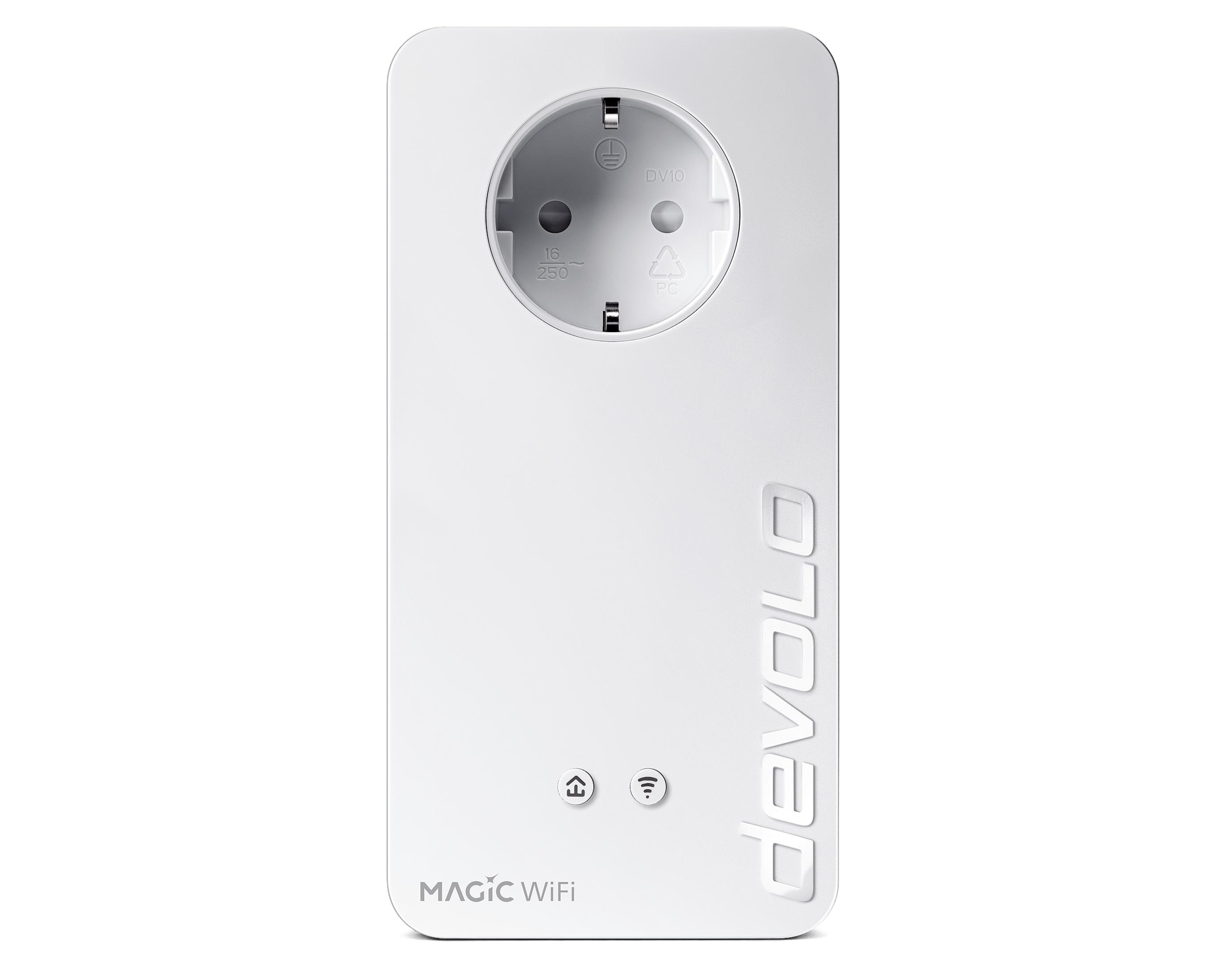 Adattatore powerline bianco con presa circolare e due spie. Sfondo bianco e pulito.