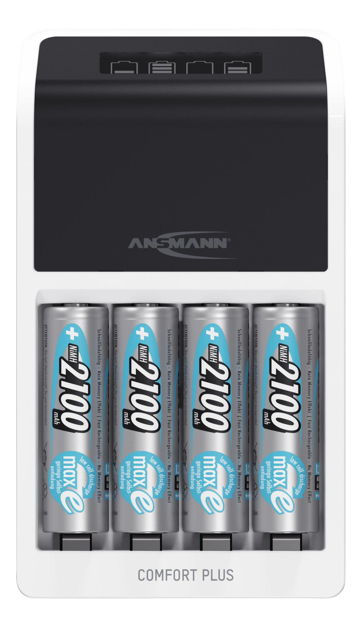 Ein weißes und schwarzes Batterieladegerät mit vier eingelegten Akkus, das den Markennamen zeigt.