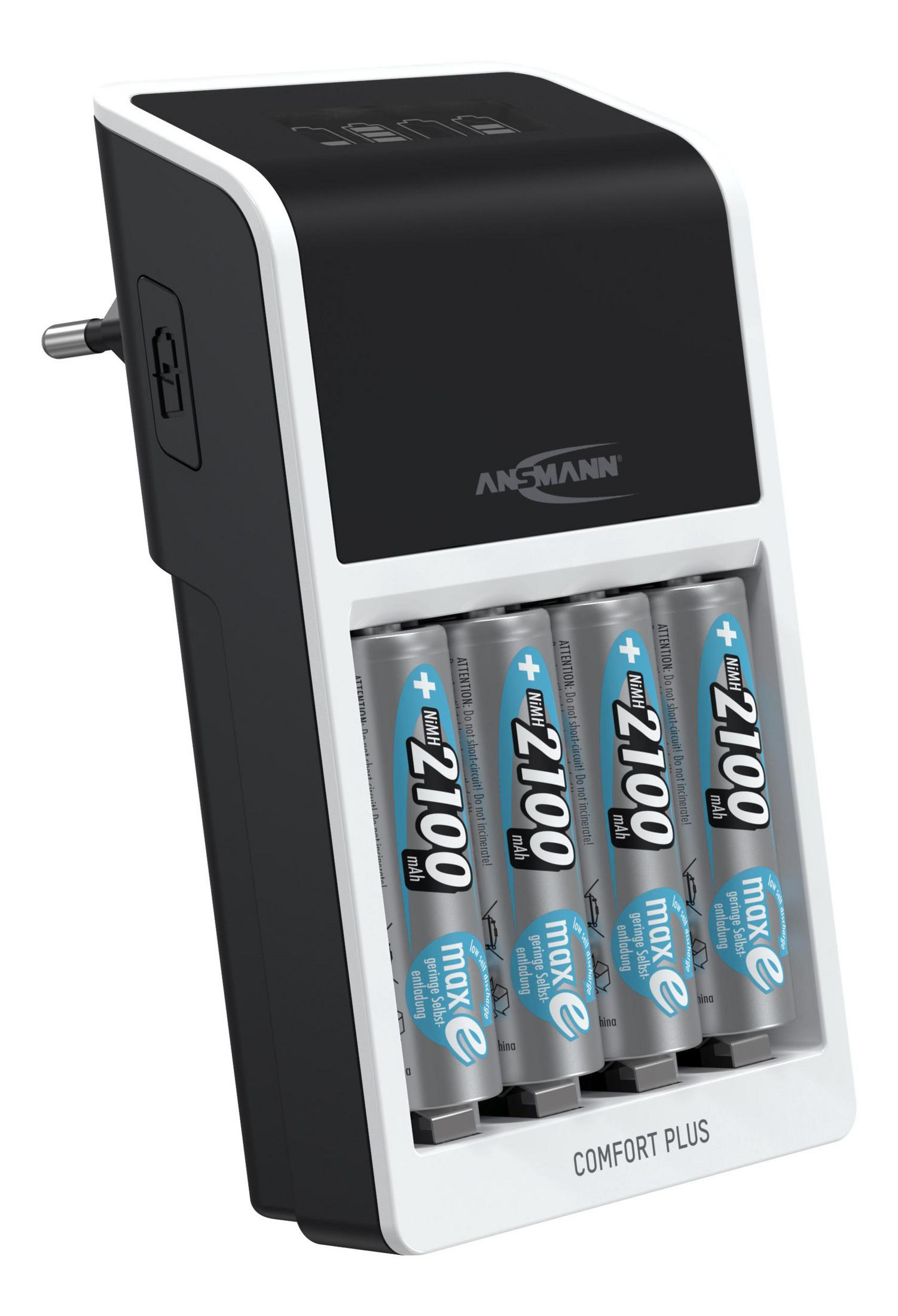 Ein schwarz-weißes Batterieladegerät mit vier eingelegten AA-Batterien auf weißem Hintergrund.