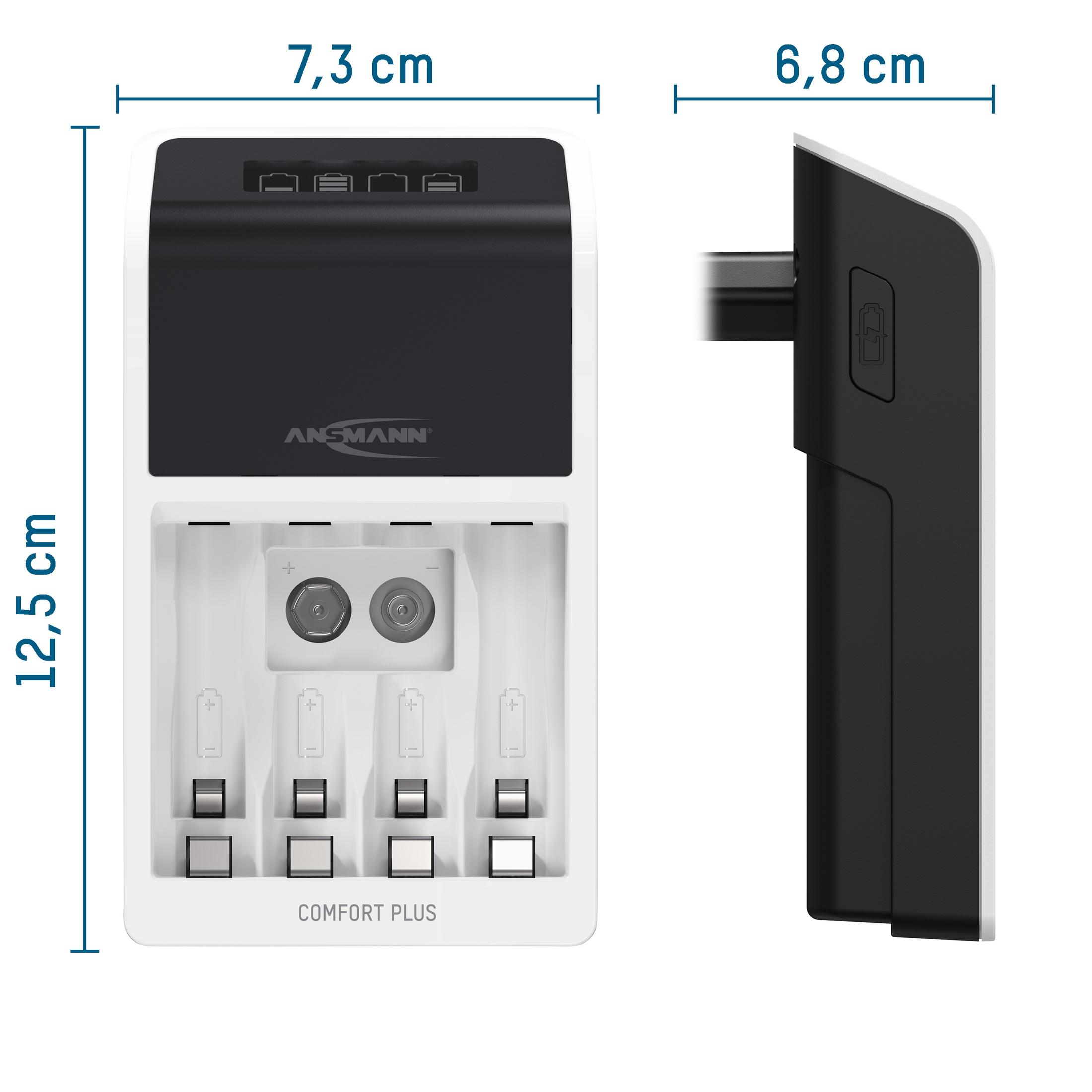 Weißes und schwarzes Batterieladegerät. Es zeigt Abmessungen und hat Ladeschlitze und Tasten.