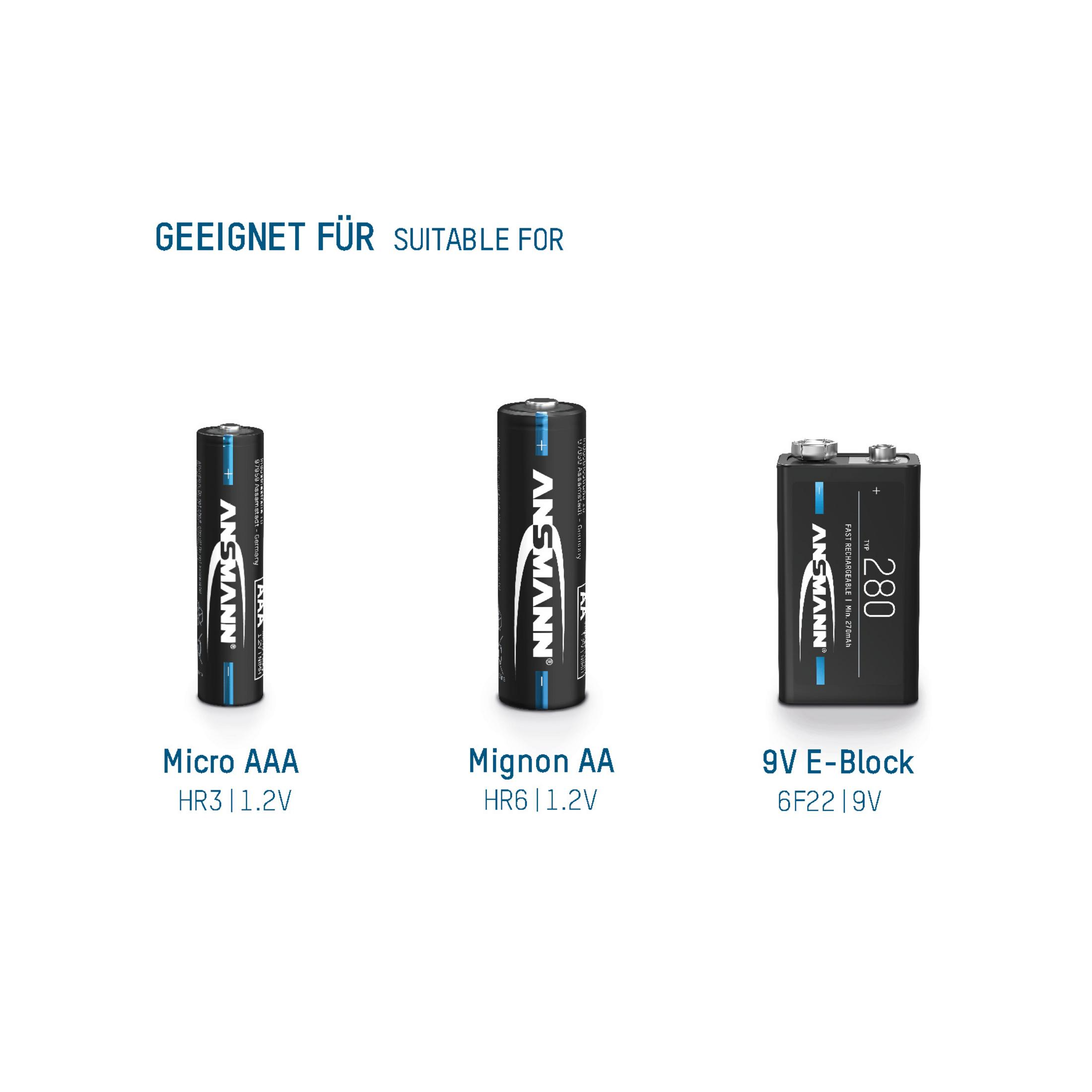Drei zylindrische Batterien. Von links: Micro AAA, Mignon AA und 9V E-Block. Alle sind von ANSMANN.