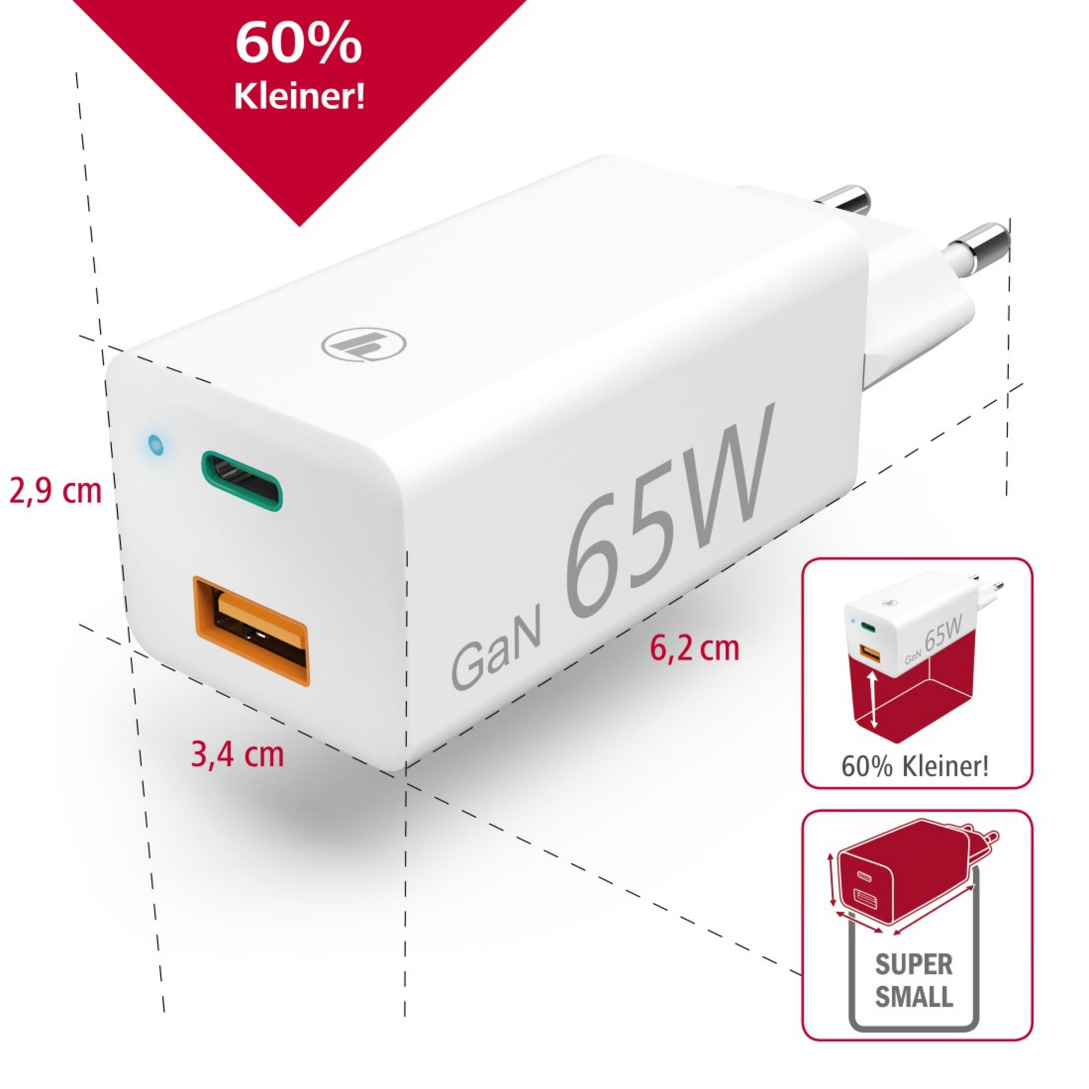 Weißes 65-W-Ladegerät mit USB-C- und USB-A-Anschlüssen. Es ist kompakt, und die Abmessungen sind angegeben.