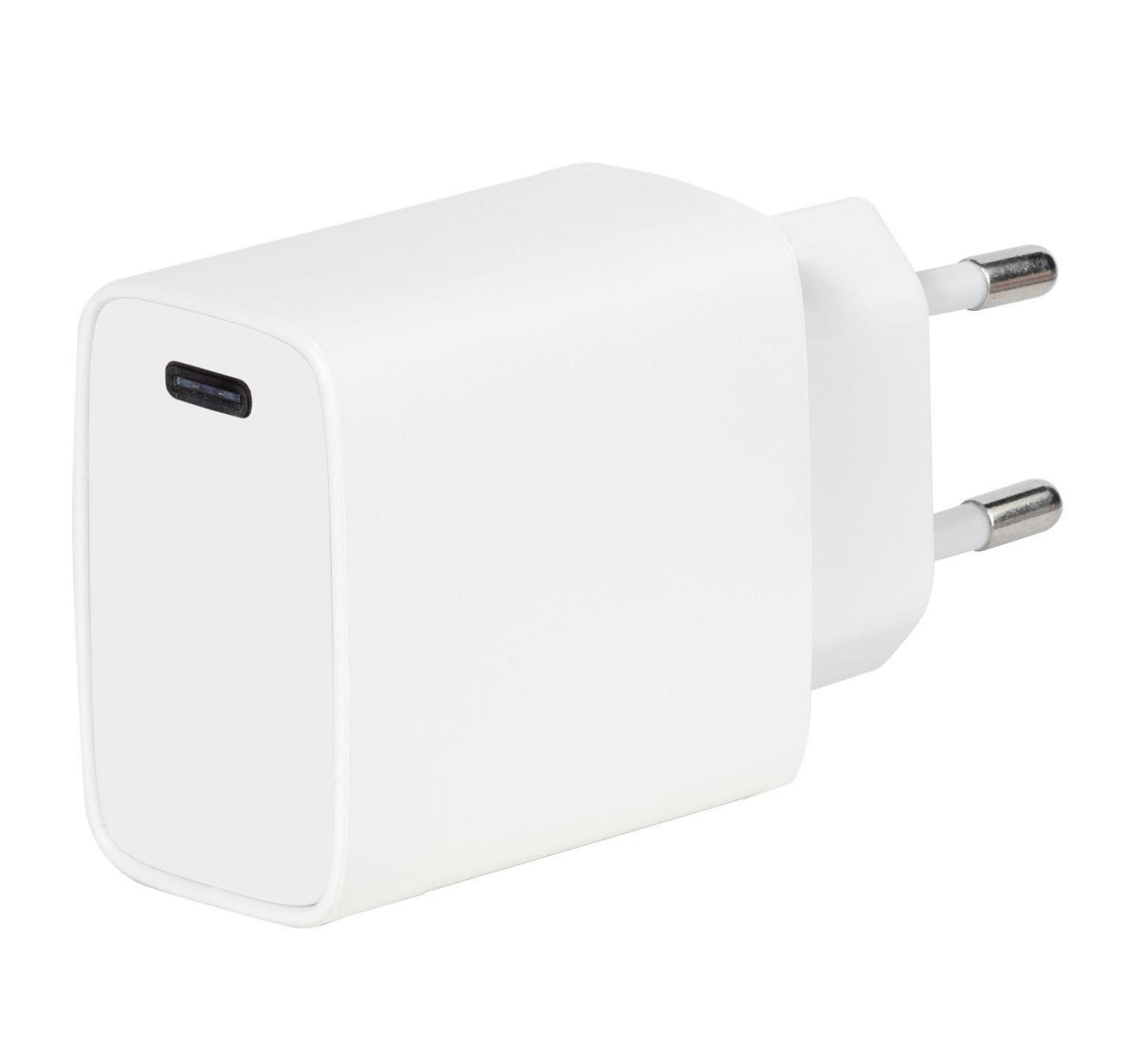 Weißes Wandladegerät mit einem USB-C-Anschluss und Stiften.