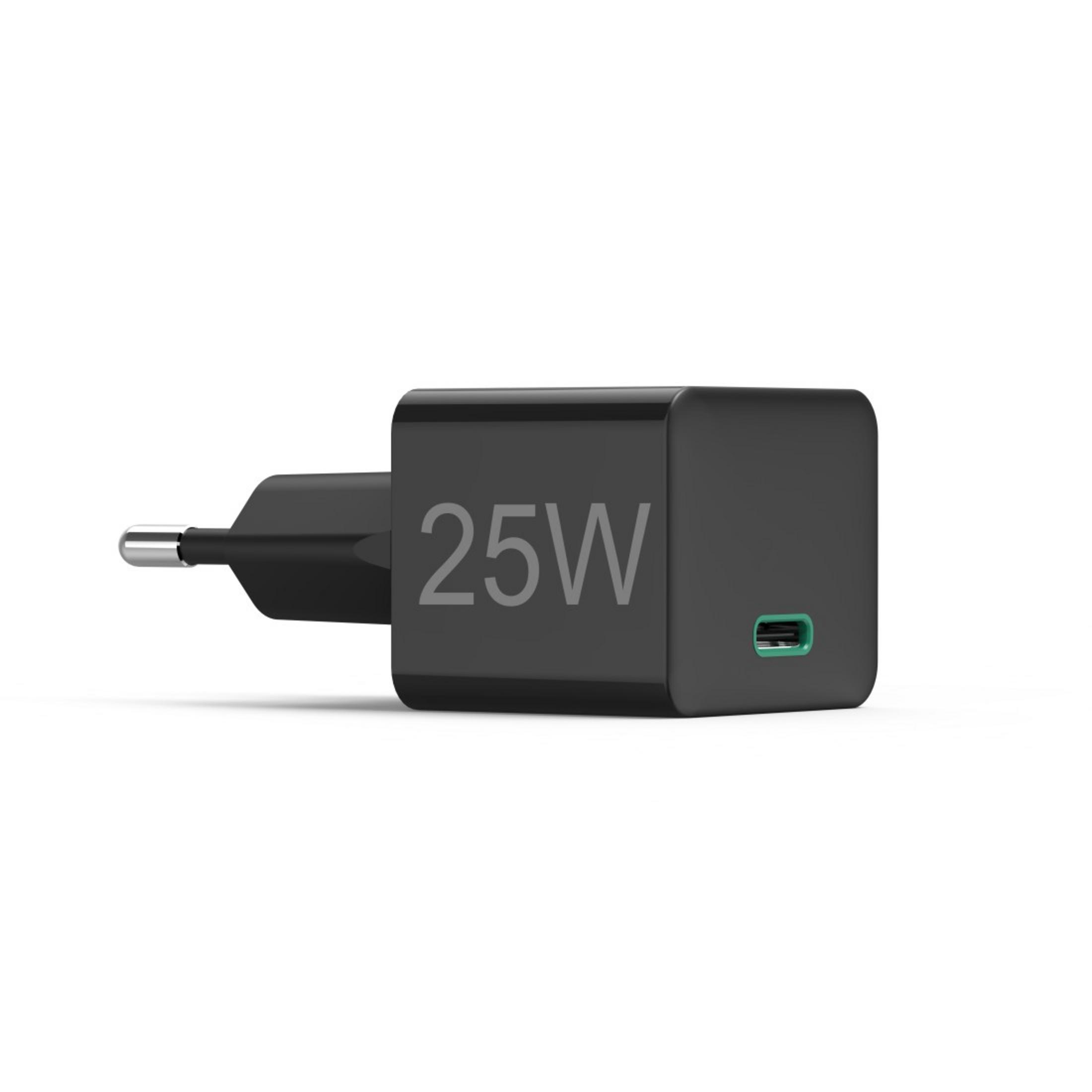 Czarna ładowarka USB 25W z portem USB-C. Ma wtyczkę do Europy.
