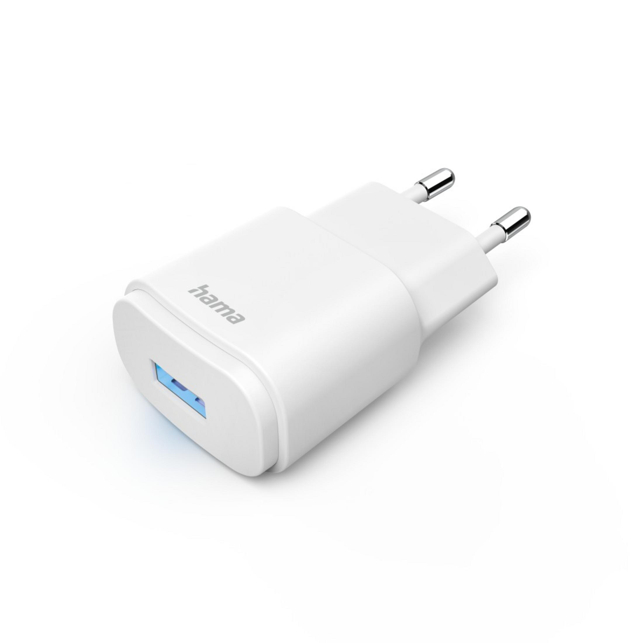 Caricatore USB Hama bianco con porta USB blu. È su una superficie bianca, leggermente angolato.