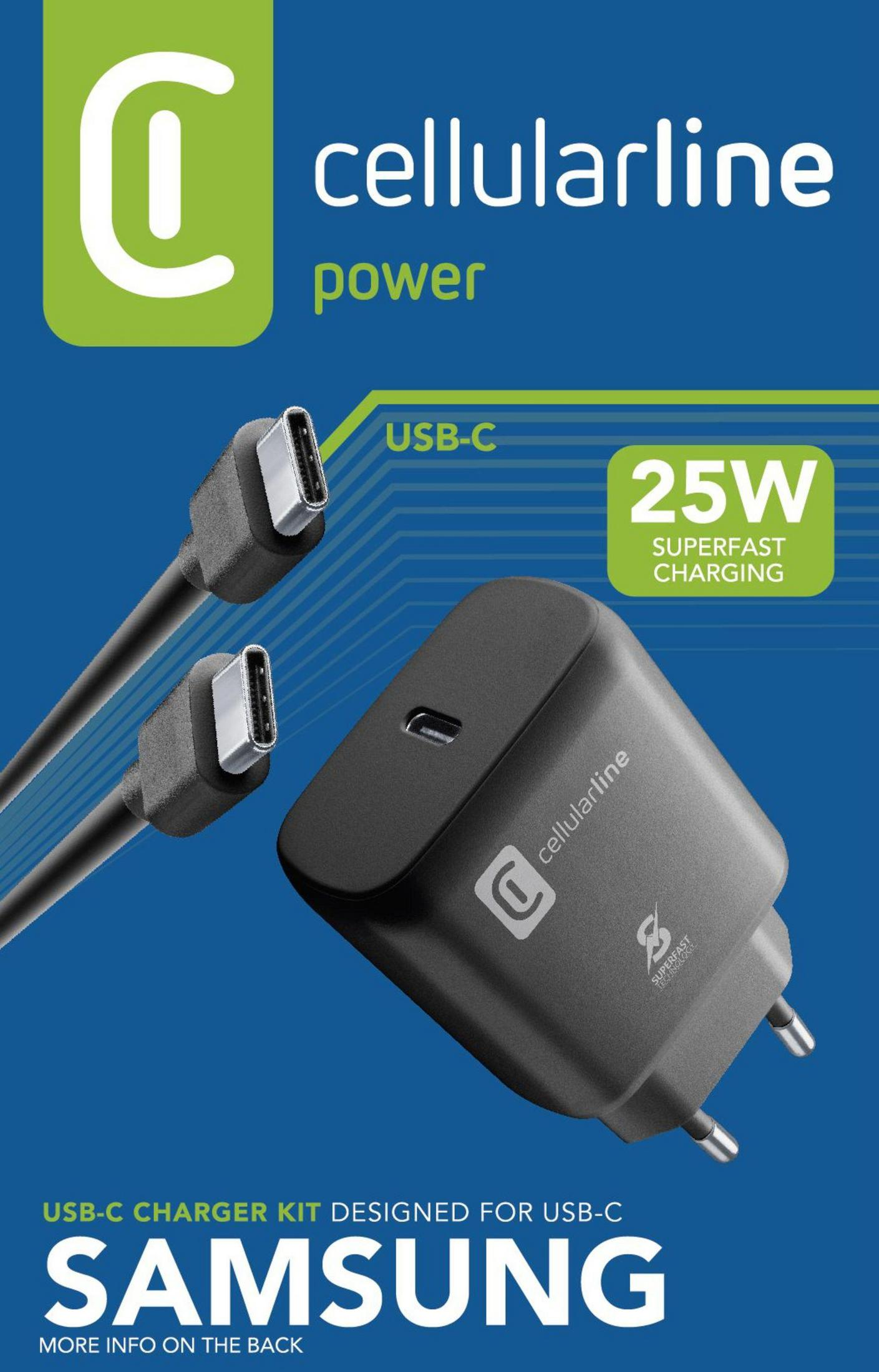 Cellularline USB-C charger kit with cable and charging block.