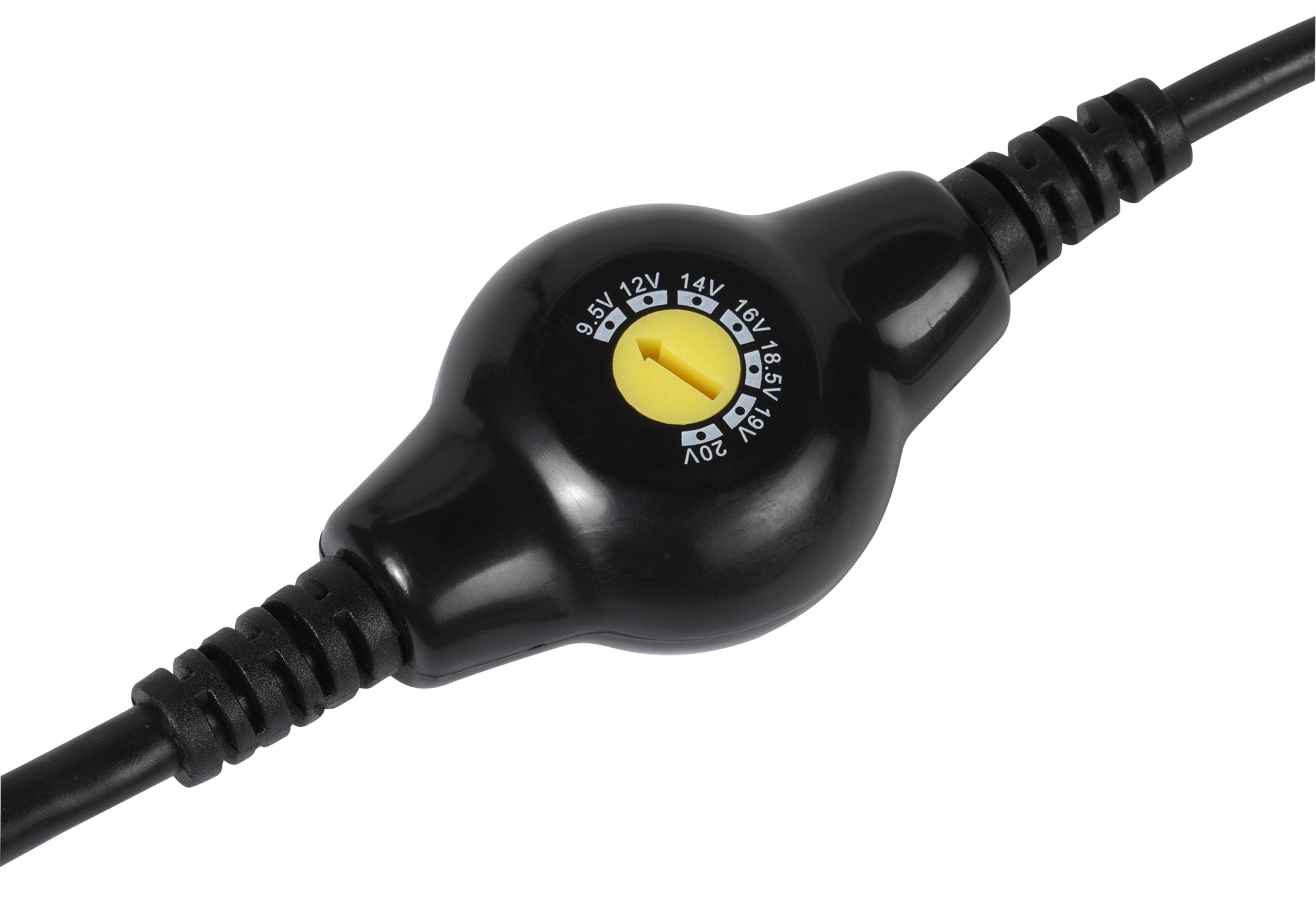 Un adaptador de corriente negro con un dial amarillo y cable de alimentación. Muestra diferentes ajustes de voltaje.