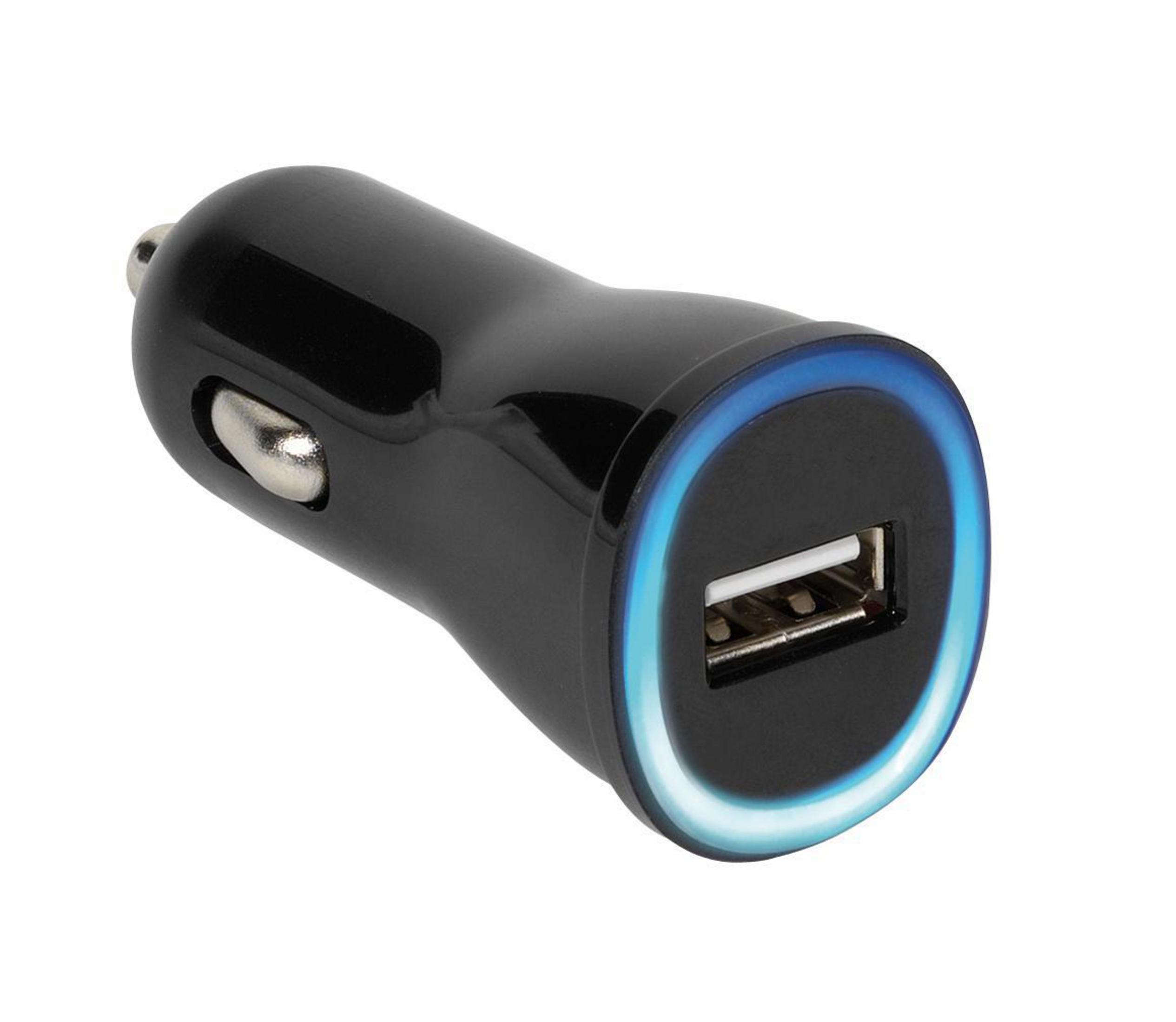 Schwarzes Autoladegerät mit USB-Anschluss und blauem Lichtring.