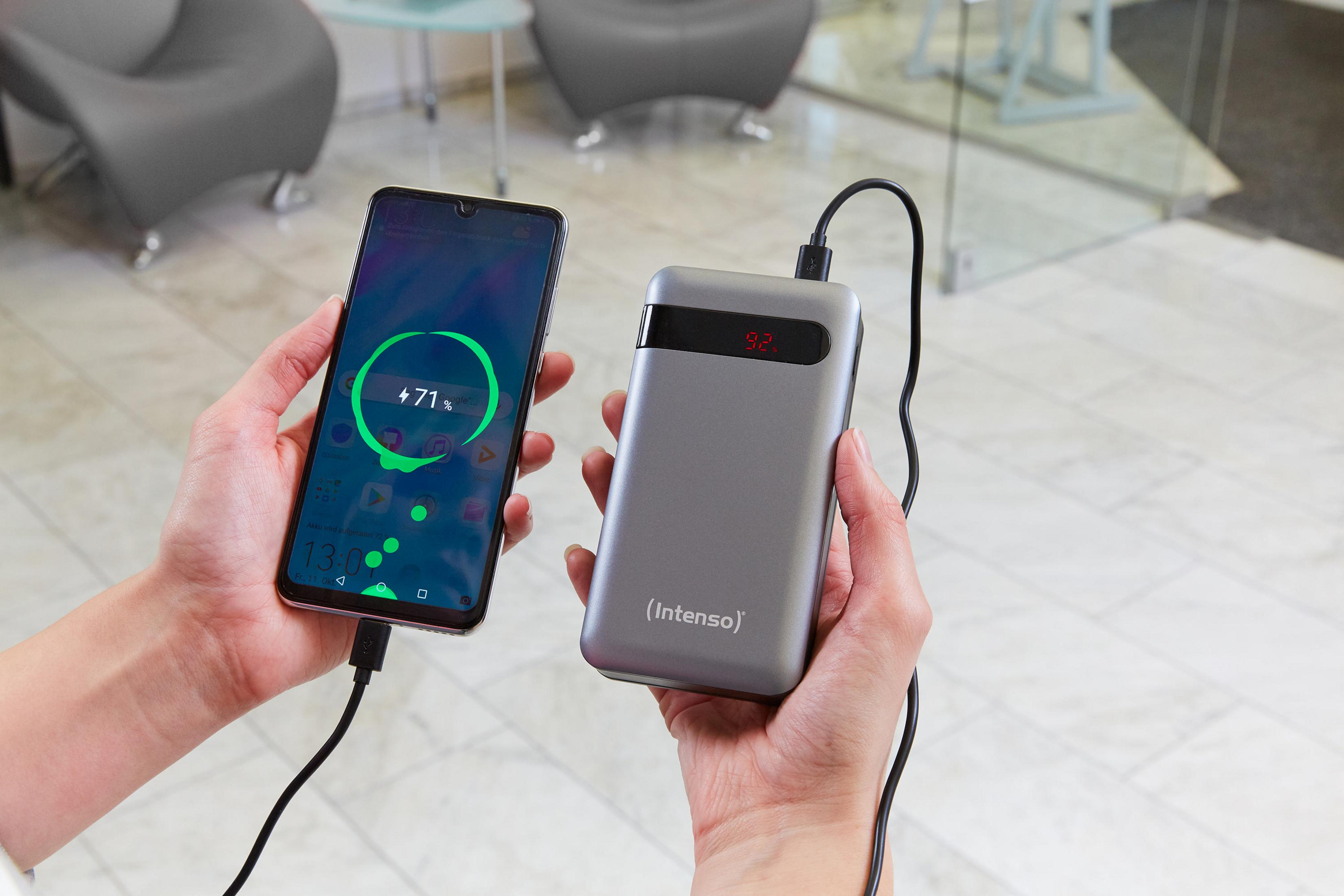 Handen van een persoon die een telefoon vasthoudt die wordt opgeladen met een powerbank. Telefoon toont een oplaadscherm met 71%.