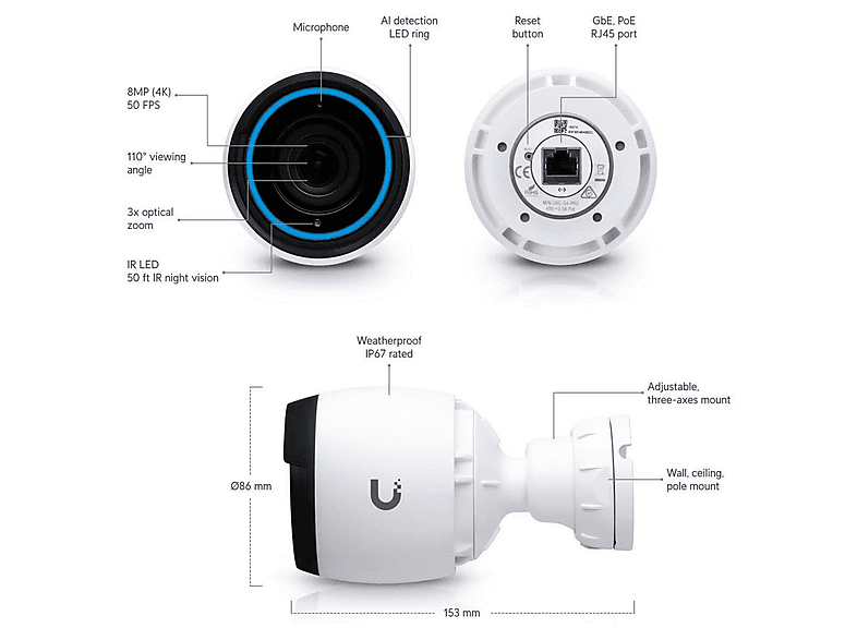 Ubiquiti G6 Bullet Pallottola  Forma  Telecamera Di Sicurezza IP Interno Esterno 3840 2160 Pixel Soffitto Parete Palo P 291643